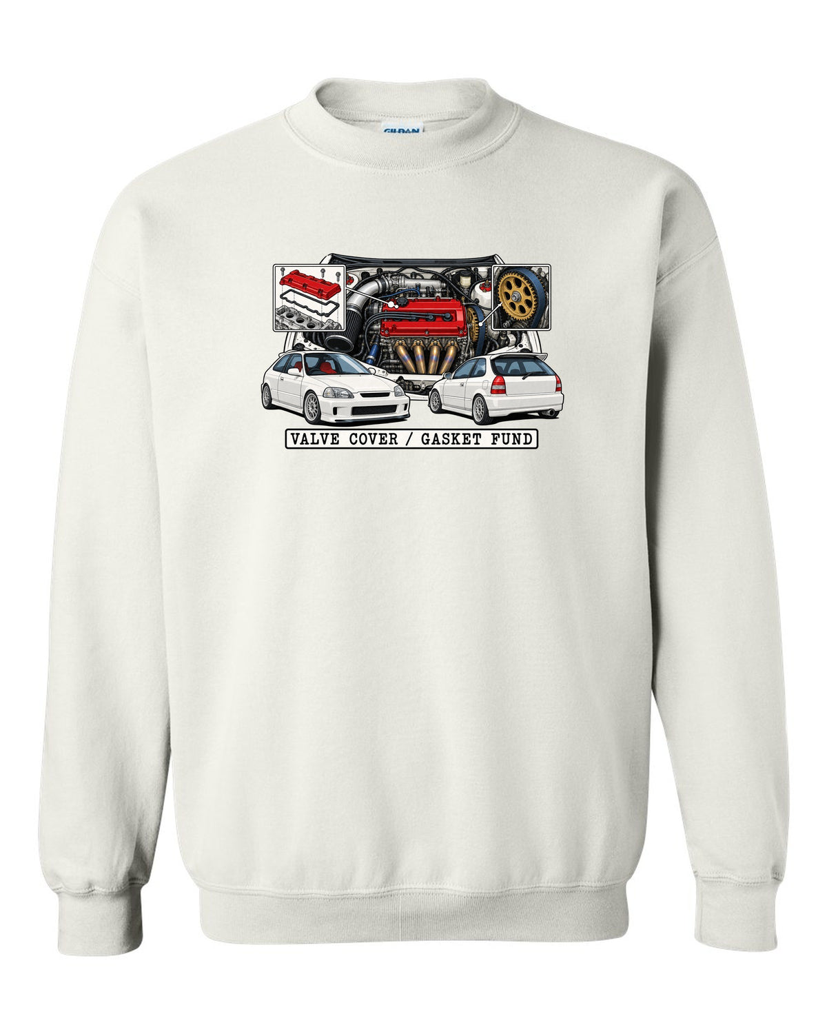 Technical patent drawing print of a 1997 Honda Civic EK9 with Valve Cover Gasket Fund lettering white crewneck front view with the design