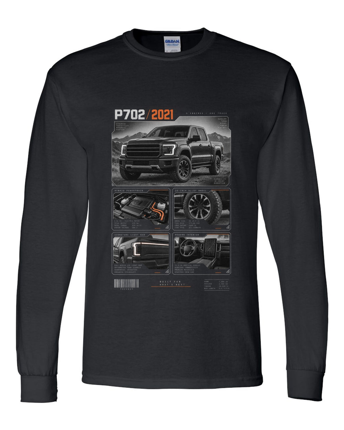 Dossier panel print of a 2021 Ford F-150 P702 light bar with five engines text black long sleeve front view with the design