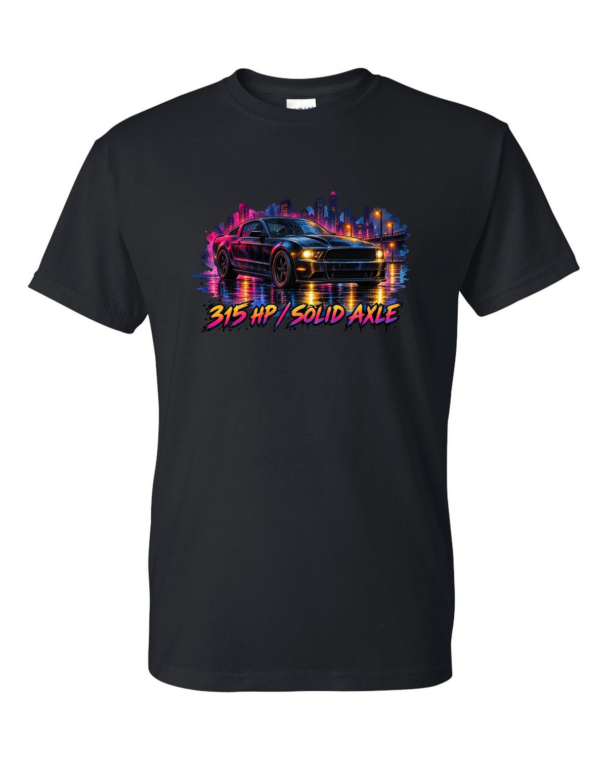 Watercolour wet road night scene with a 2005-2014 S197 Ford Mustang fastback black t-shirt front view with the design
