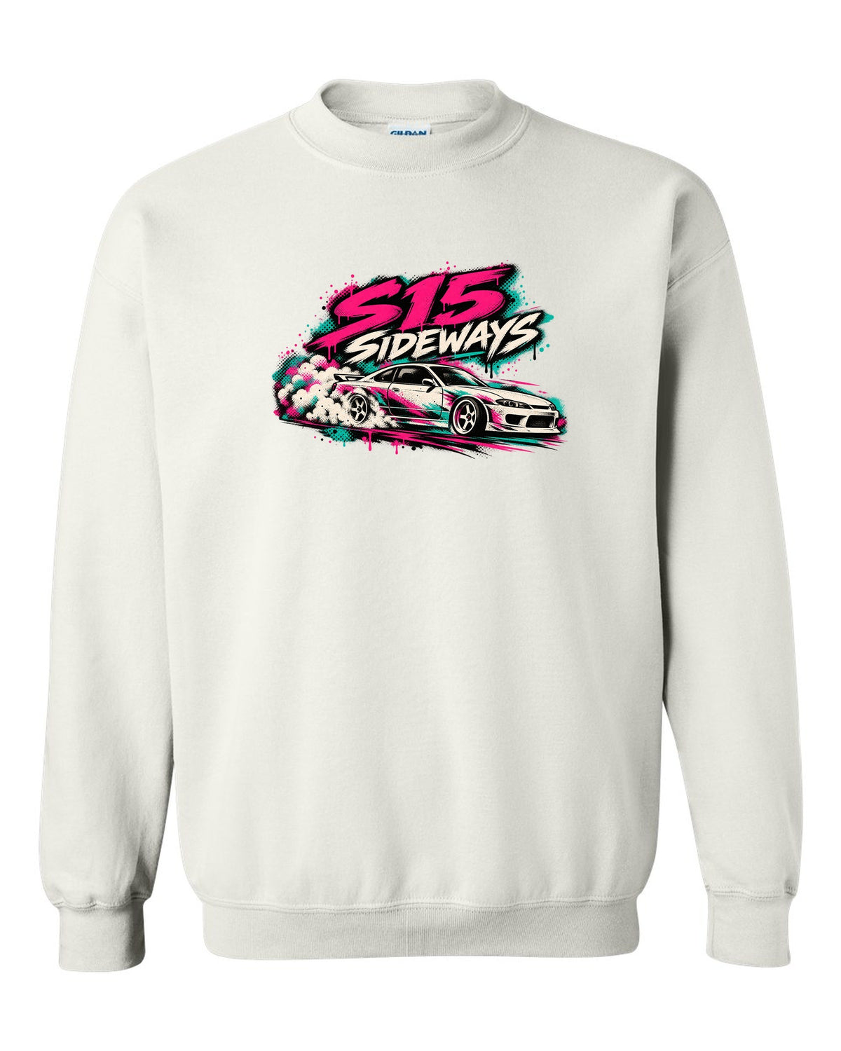 Stencil spray street art print of a Nissan Silvia S15 sliding sideways white crewneck front view with the design