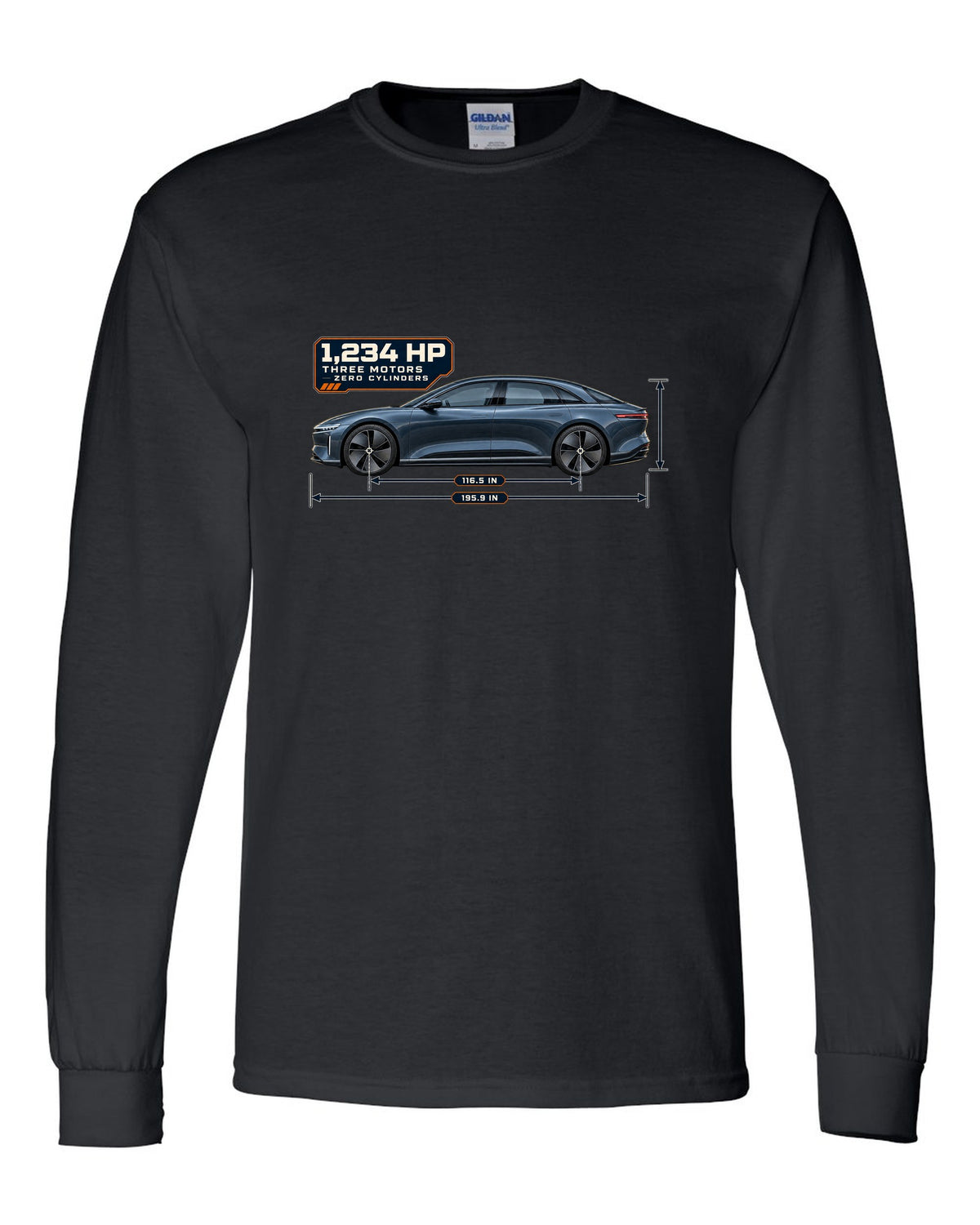 Dimension blueprint print of a Lucid Air Sapphire 2023 black long sleeve front view with the design