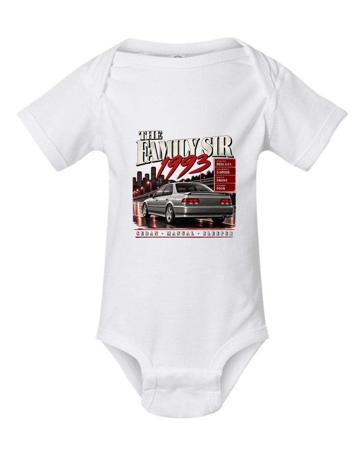 Archive panel print for the Honda Accord CD6 SiR sedan reading The Family Sir 1993 white baby onesie front view with the design