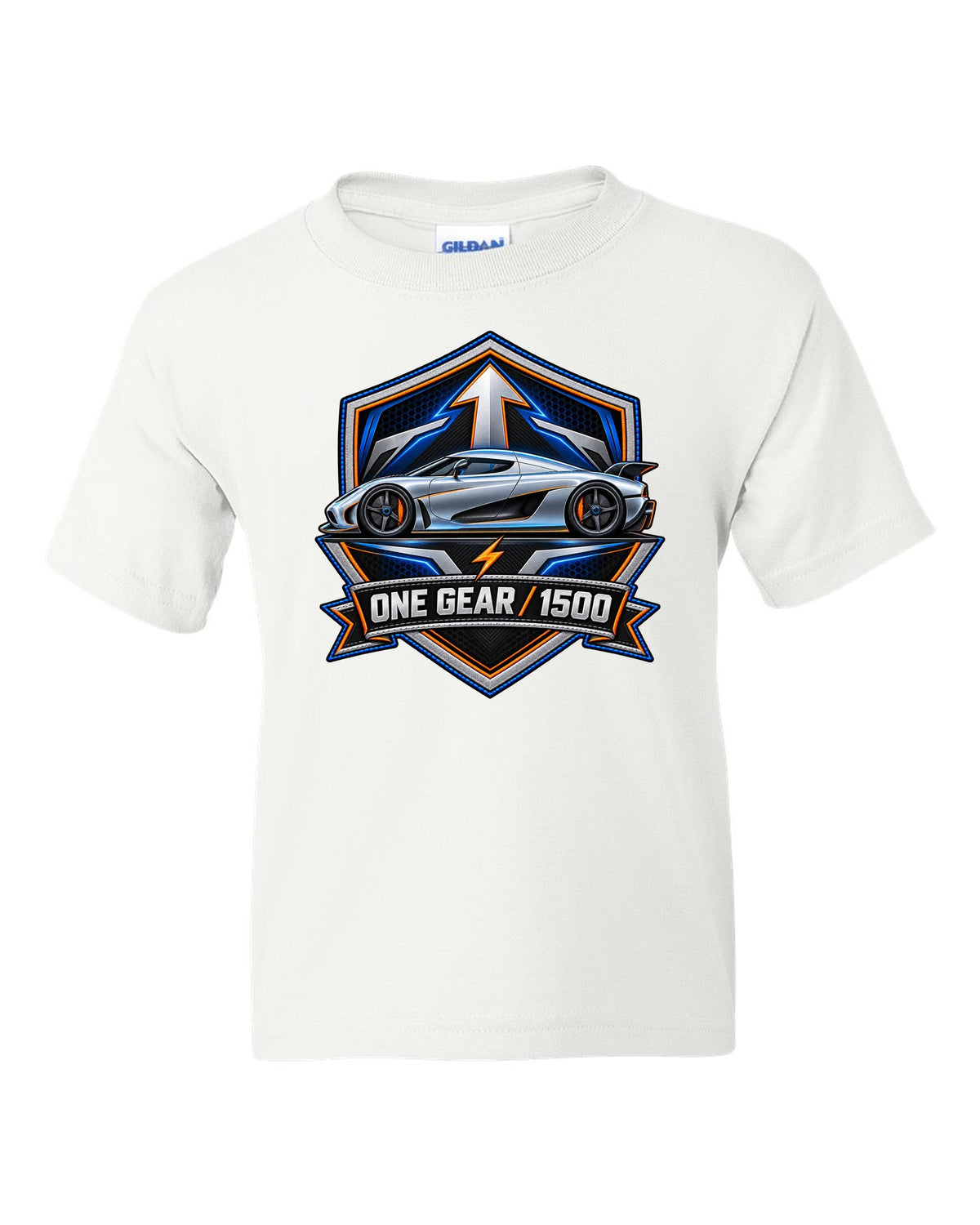 Embroidery-style varsity crest for the Koenigsegg Regera with ONE GEAR 1500 lettering white kids tee front view with the design