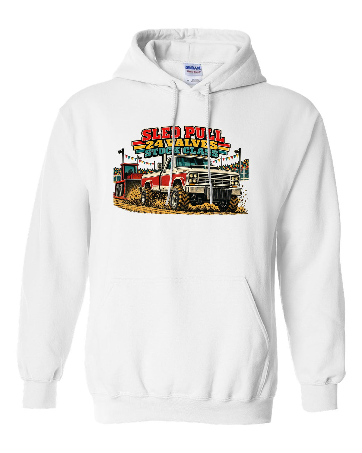 Vintage race poster print of a 1998.5-2002 Ram 2500 24V Cummins for a sled pull white pull over hoodie front view with the design