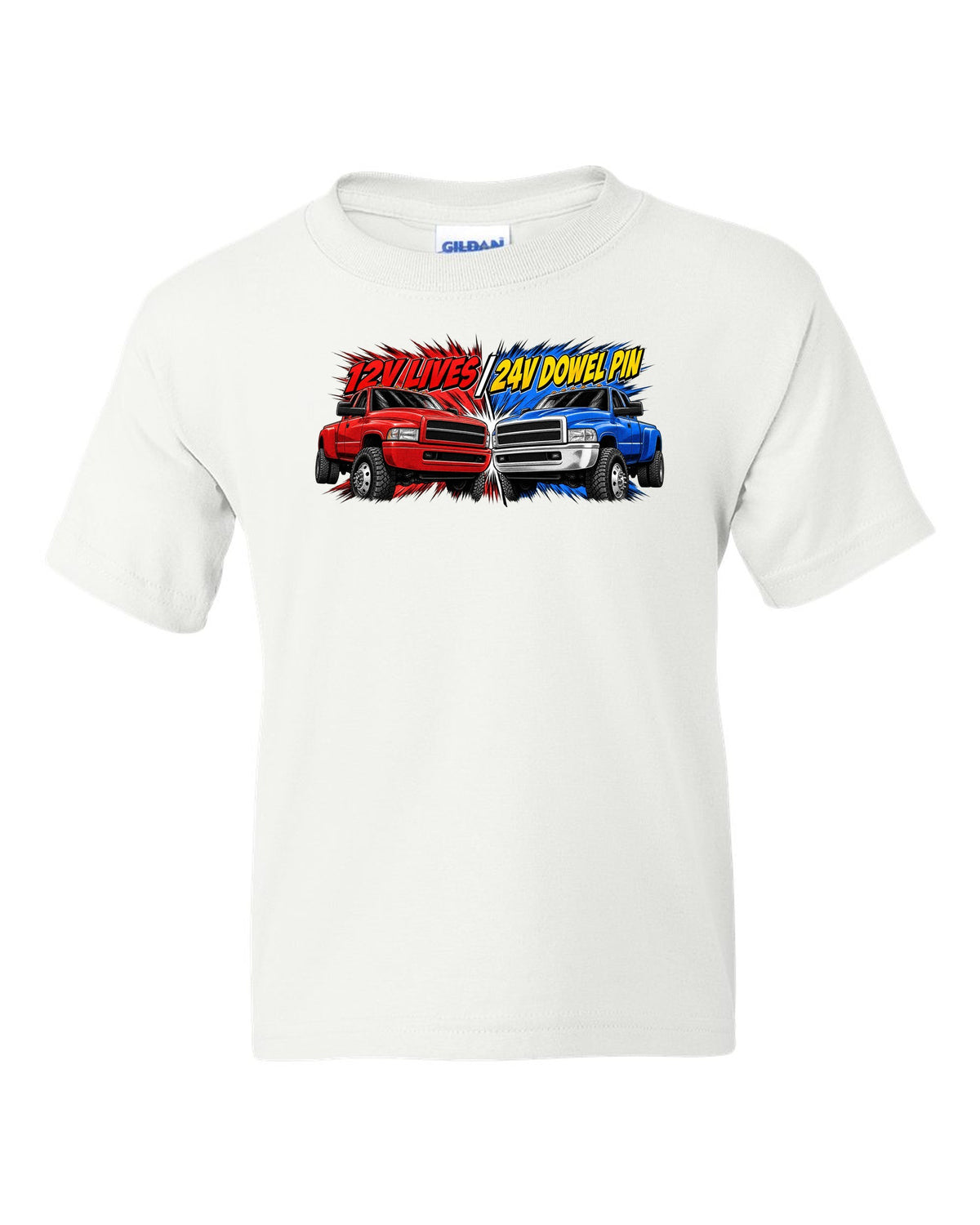 Retro manga halftone print of two Dodge Ram 2nd gen trucks with 12V lives and 24V dowel pin text white kids tee front view with the design
