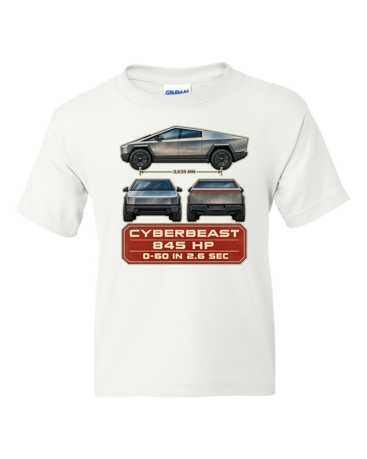 Three-view and spec table print of a Tesla Cybertruck Cyberbeast white kids tee front view with the design