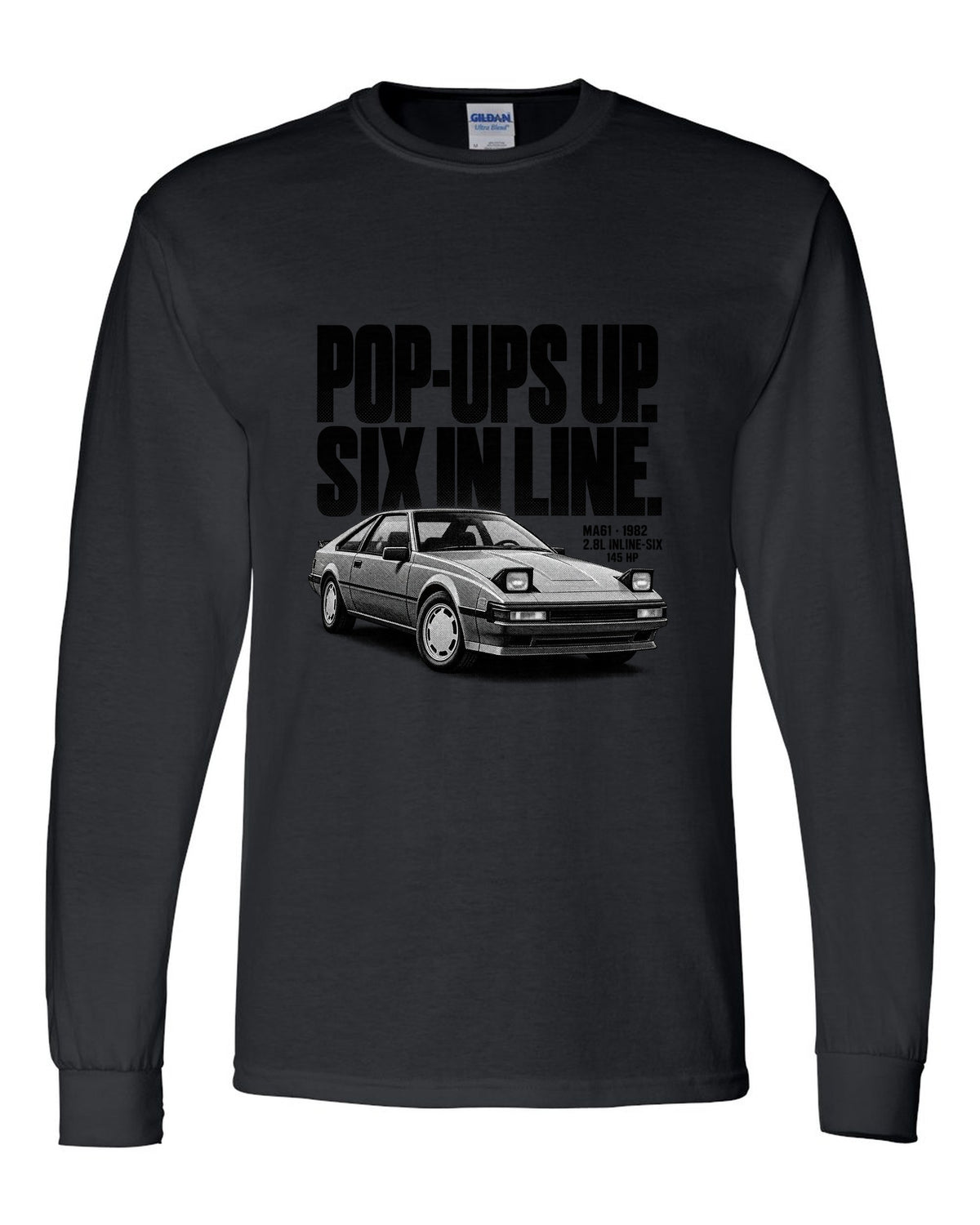 Halftone print of a Toyota Supra A60 MA61 wedge with the text Pop-Ups Up Six In Line black long sleeve front view with the design