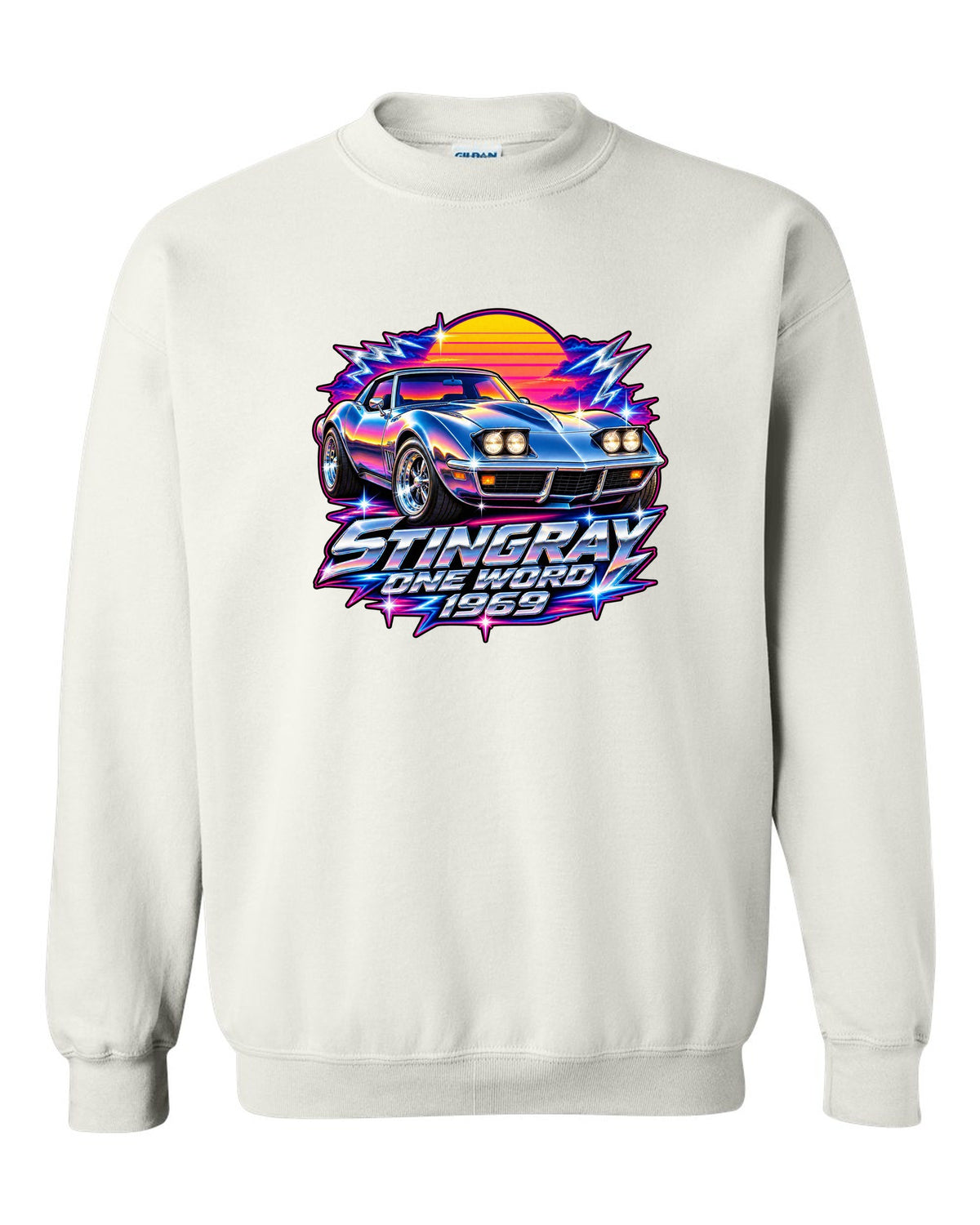 80s chrome airbrush print of a 1969 Chevrolet Corvette C3 Stingray with Stingray One Word 1969 text white crewneck front view with the design