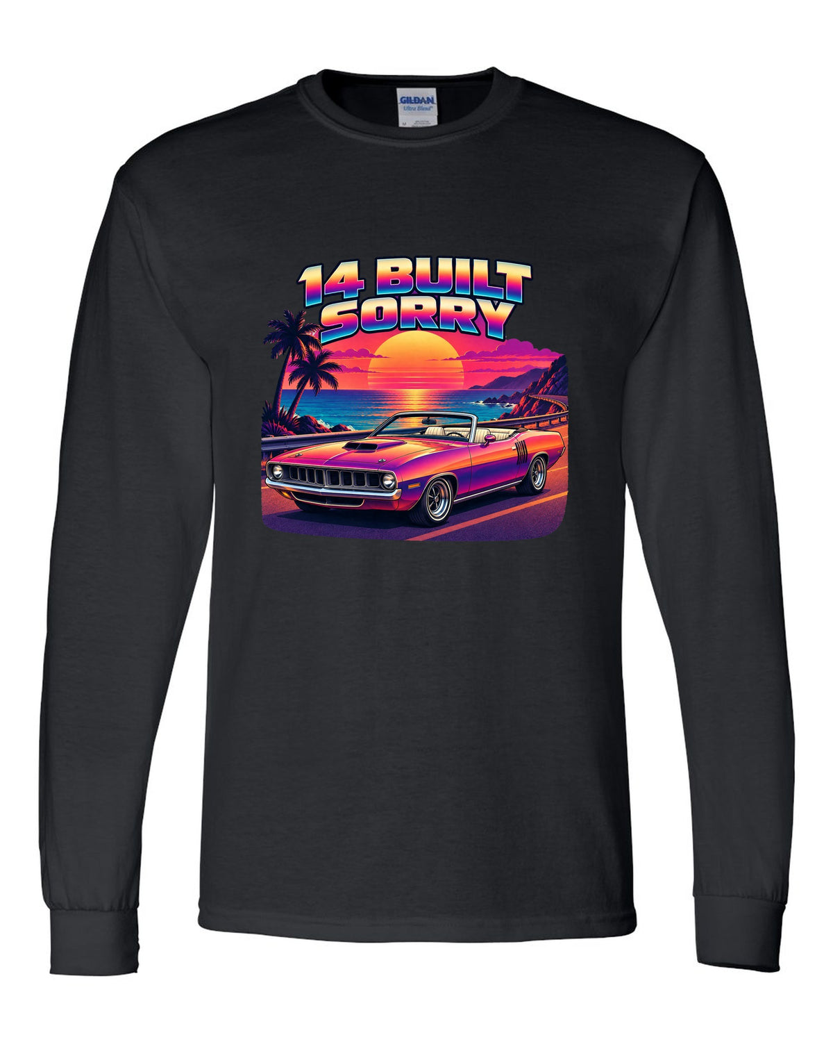 Sunset gradient synth vector print of a 1970 Plymouth Hemi 'Cuda convertible with 14 built text black long sleeve front view with the design