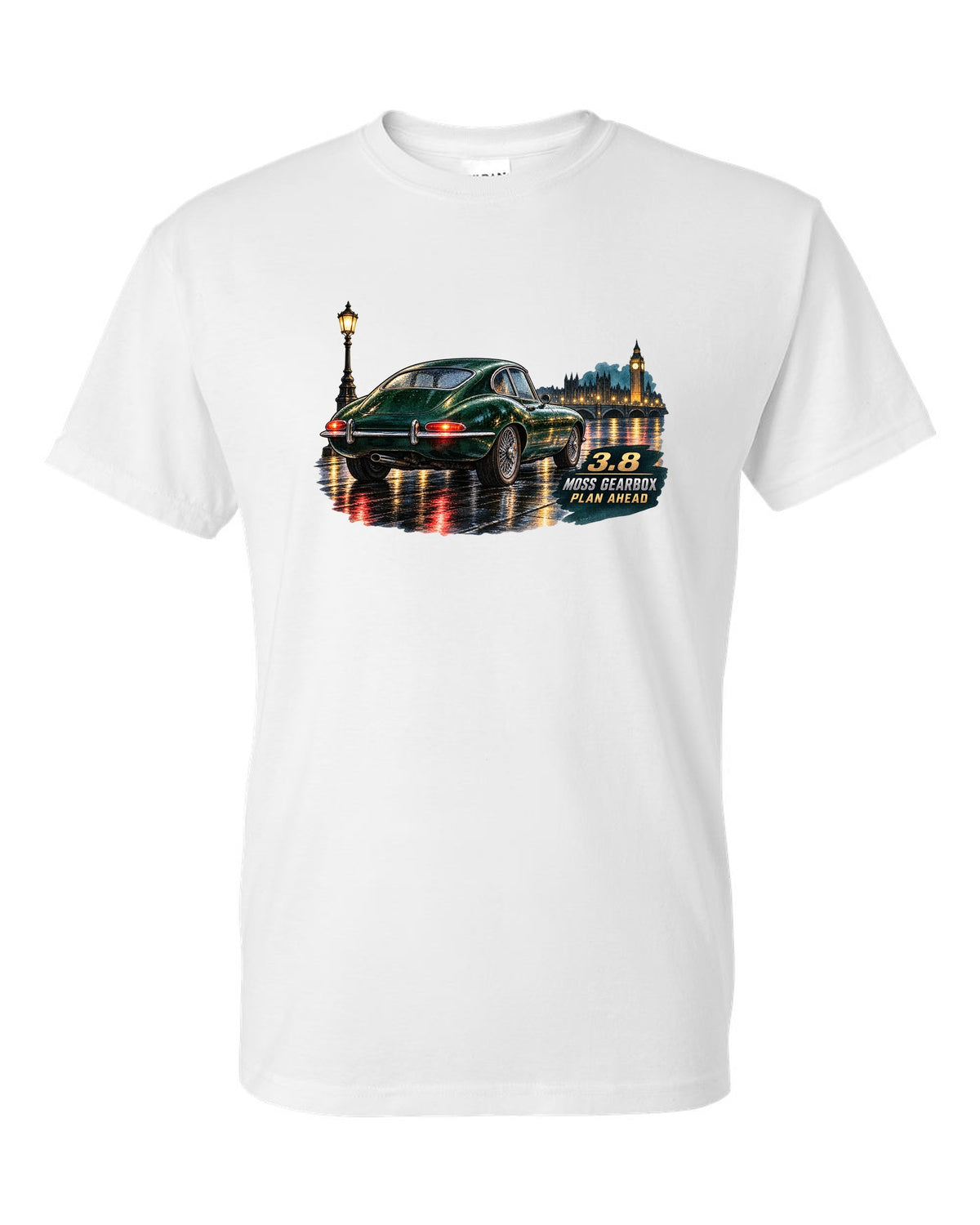 Watercolour print of 1964 Jaguar E-Type Series 1 taillights on a wet night road white t-shirt front view with the design