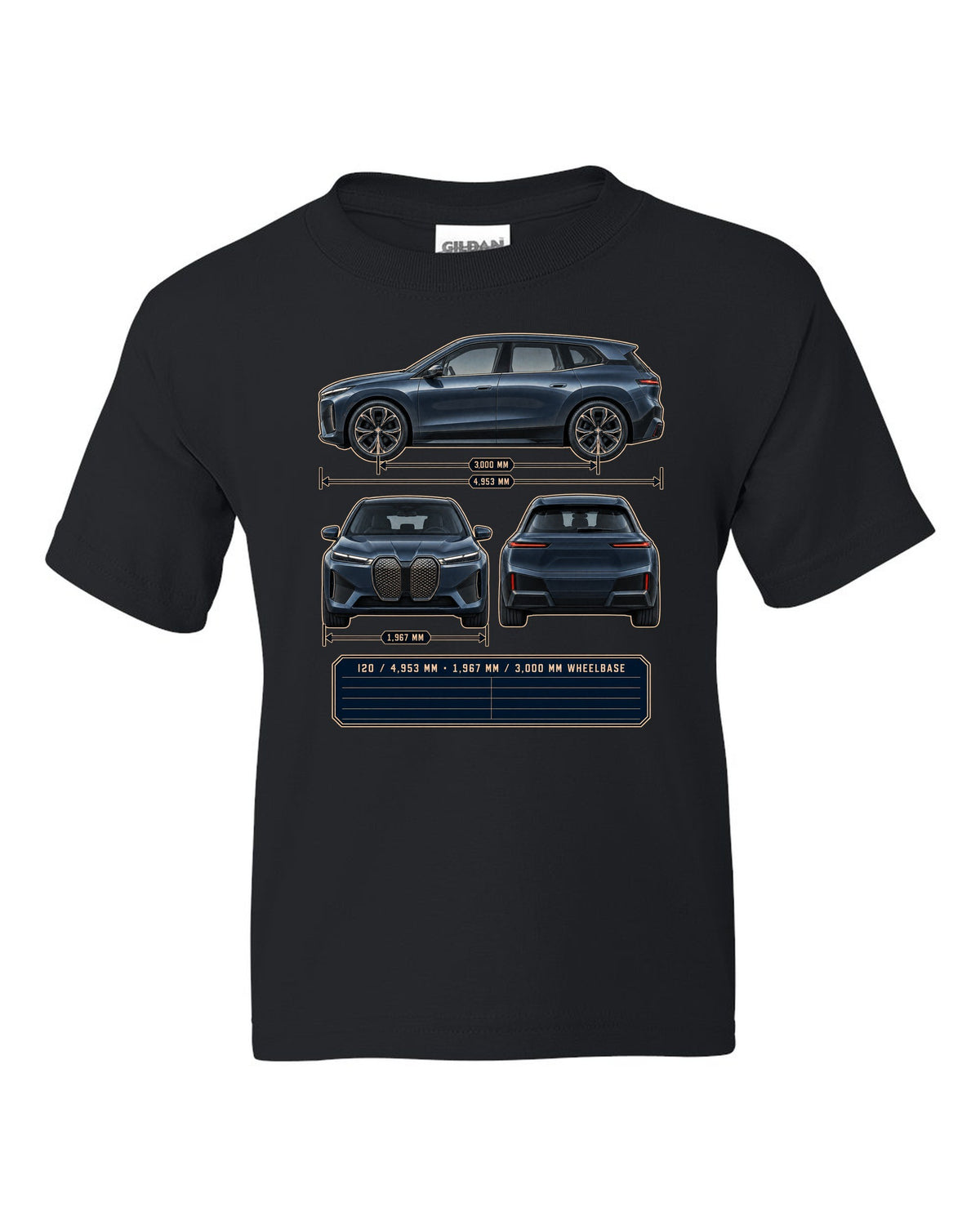 Three-view drawing and spec table print of the BMW iX M60 I20 black kids tee front view with the design