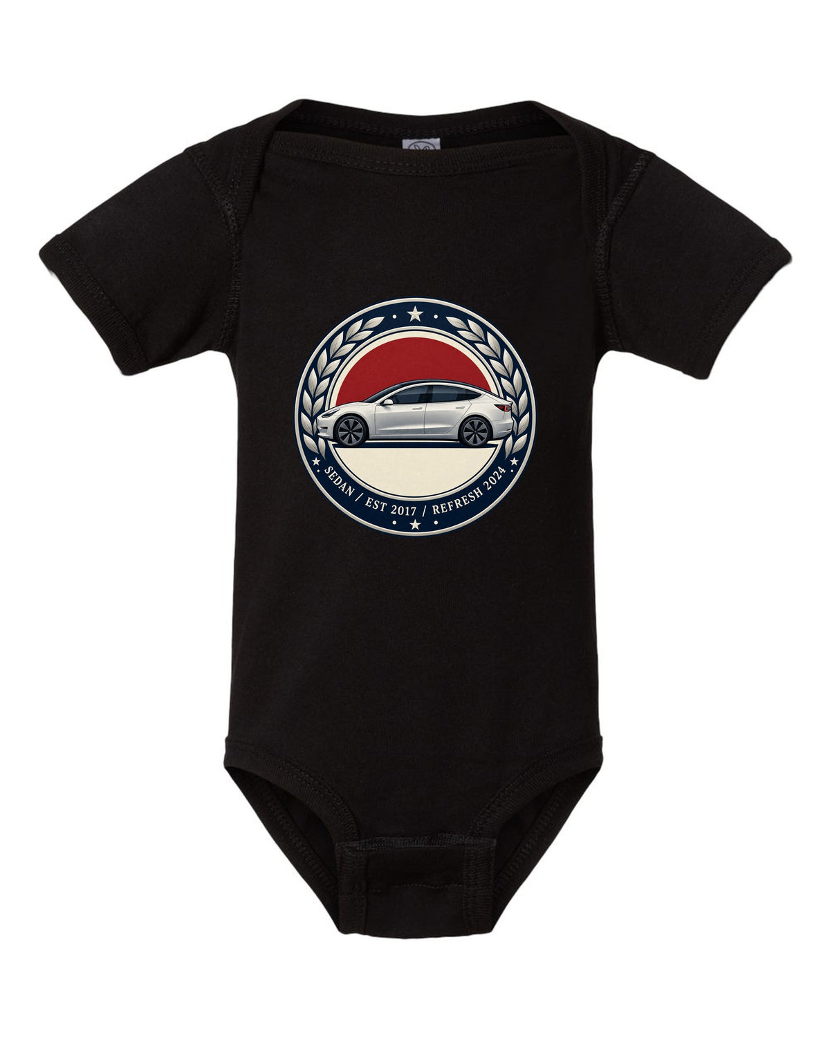 Round crest print of a Tesla Model 3 sedan reading Est 2017 and Refresh 2024 black baby onesie front view with the design