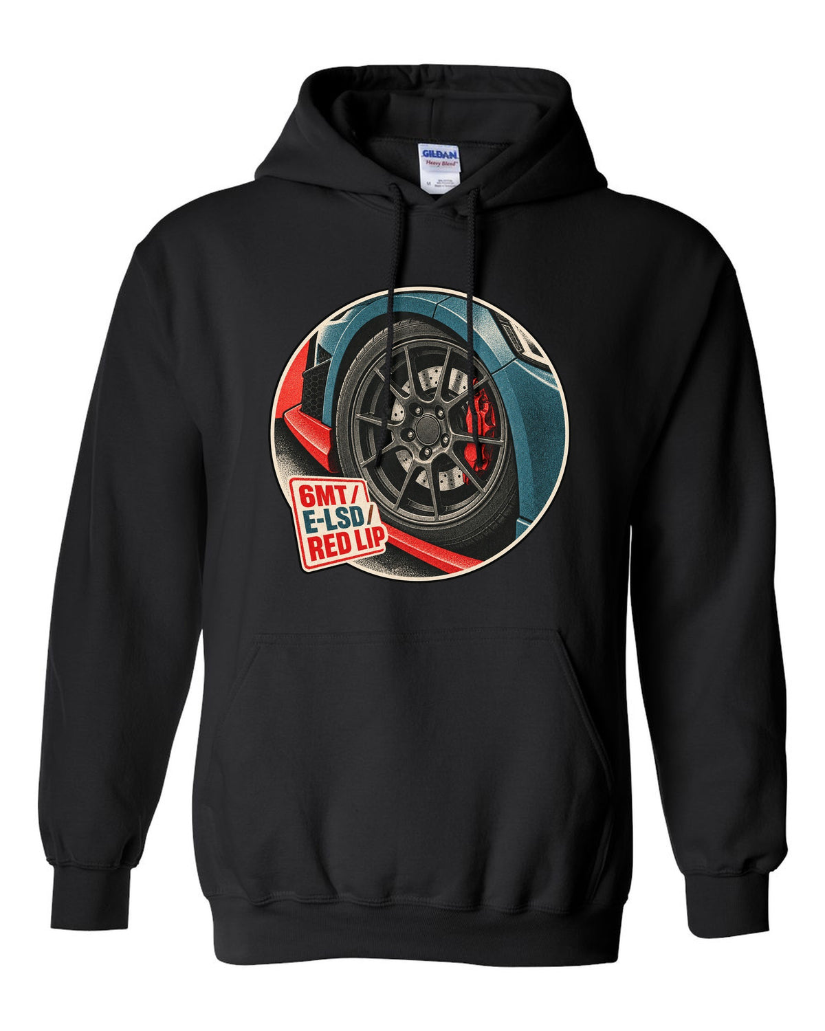 Risograph duotone print of a Hyundai Veloster N JS wheel and red front lip with 6MT E-LSD text black pull over hoodie front view with the design