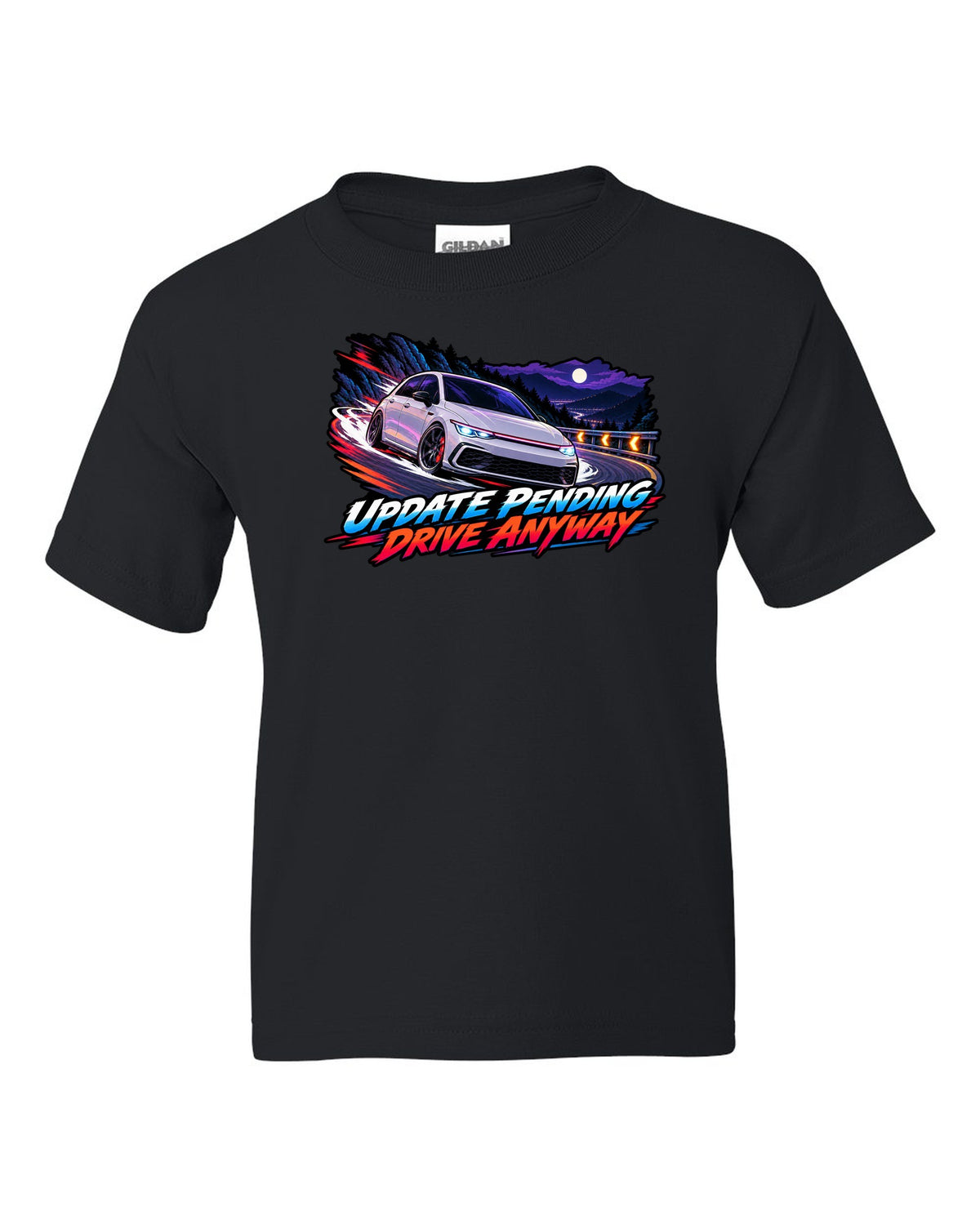 Cel-shaded anime night touge scene of a VW Golf Mk8 GTI with update pending drive anyway text black kids tee front view with the design