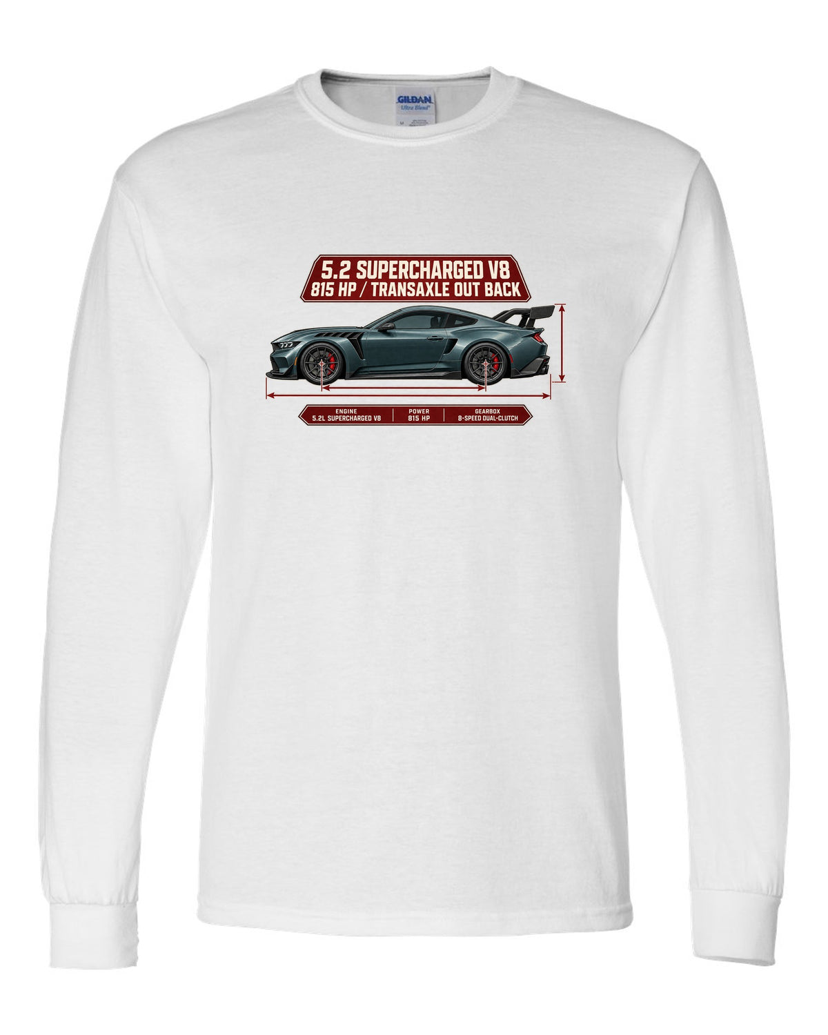 print of a Mustang GTD dimension blueprint with 5.2 supercharged V8 and 815 HP text white long sleeve front view with the design