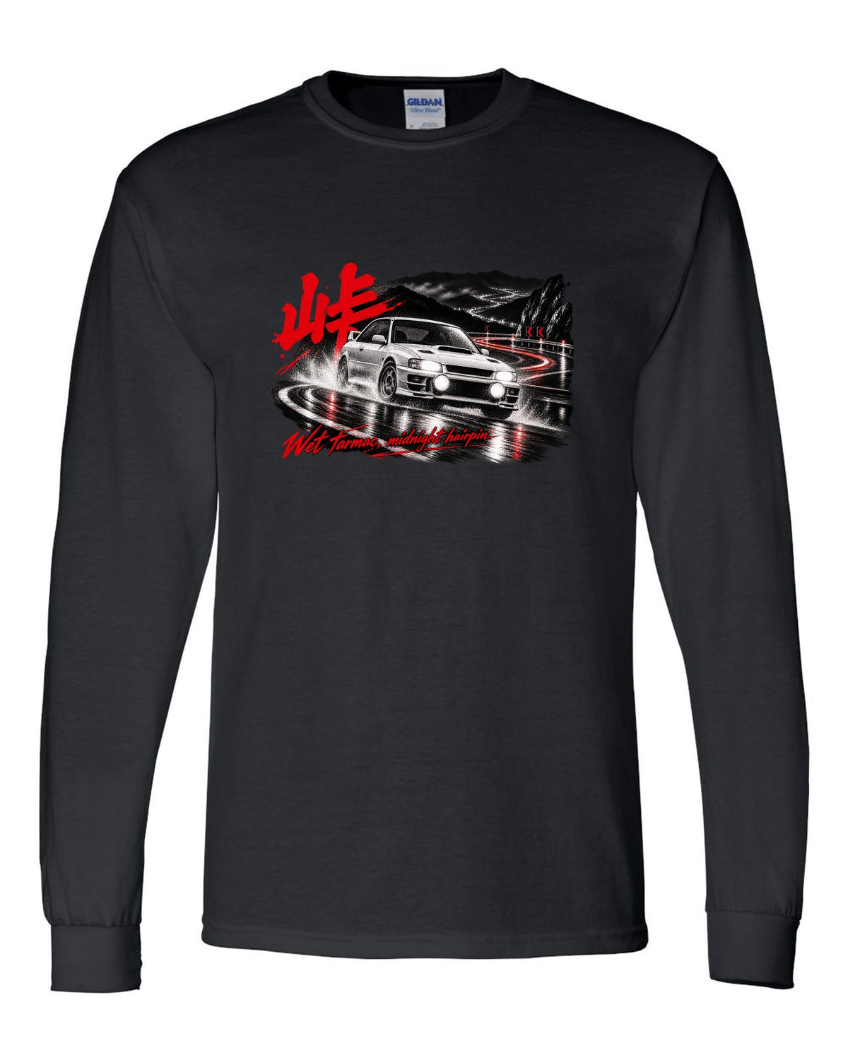 Subaru Impreza WRX GC8 coupe on a wet mountain hairpin at night with touge kanji black long sleeve front view with the design