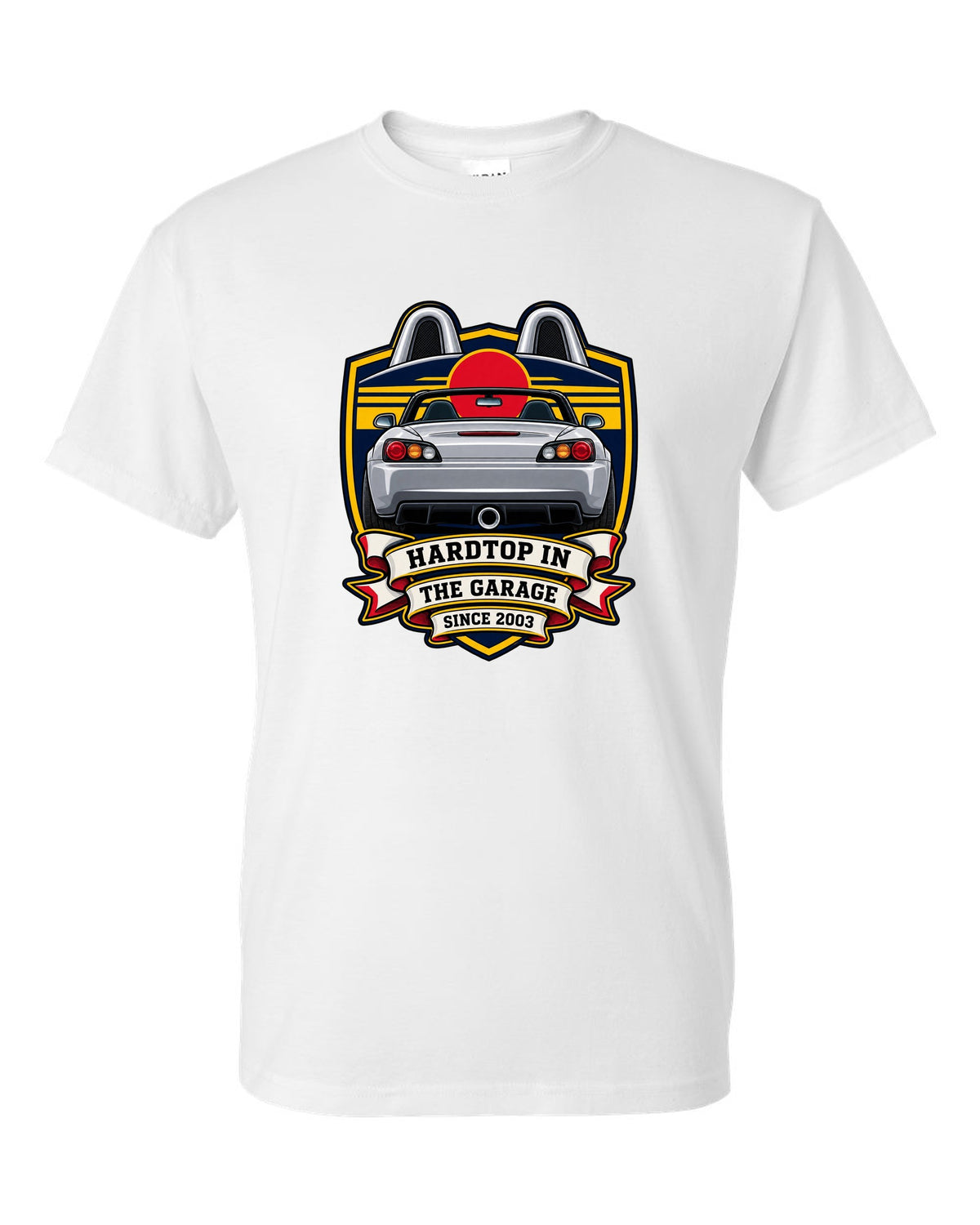 Embroidery patch style print of a 1999 Honda S2000 AP1 roadster with hardtop in the garage text white t-shirt front view with the design