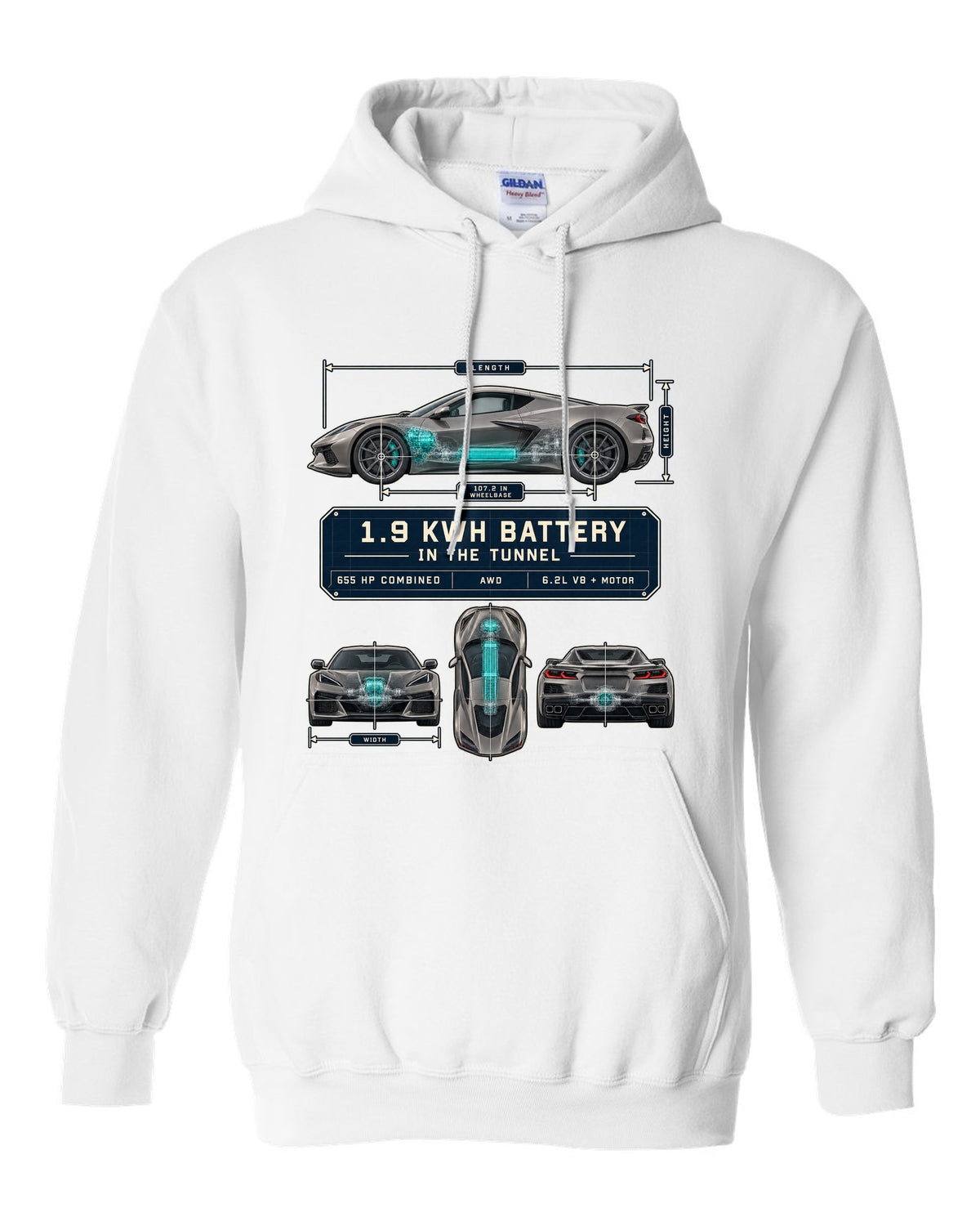 Dimension blueprint print of a Chevrolet Corvette C8 E-Ray with 1.9 kWh battery in the tunnel white pull over hoodie front view with the design