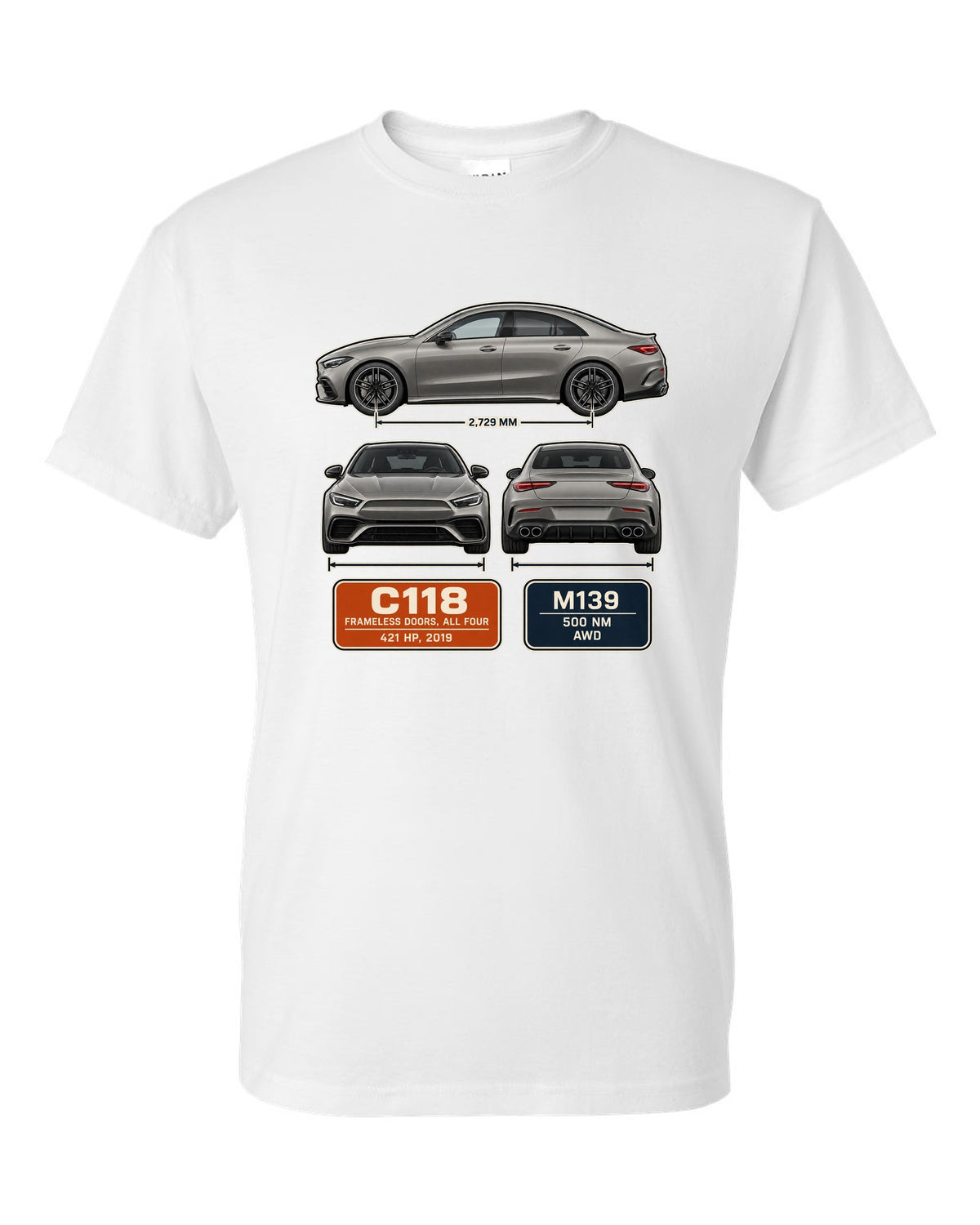 Mercedes-AMG CLA 45 S C118 four-door coupe three-view spec print white t-shirt front view with the design