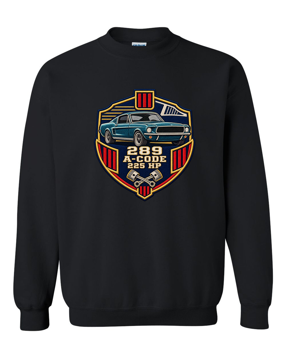Embroidery-style varsity crest print for a 1967 Ford Mustang fastback A-Code 289 black crewneck front view with the design