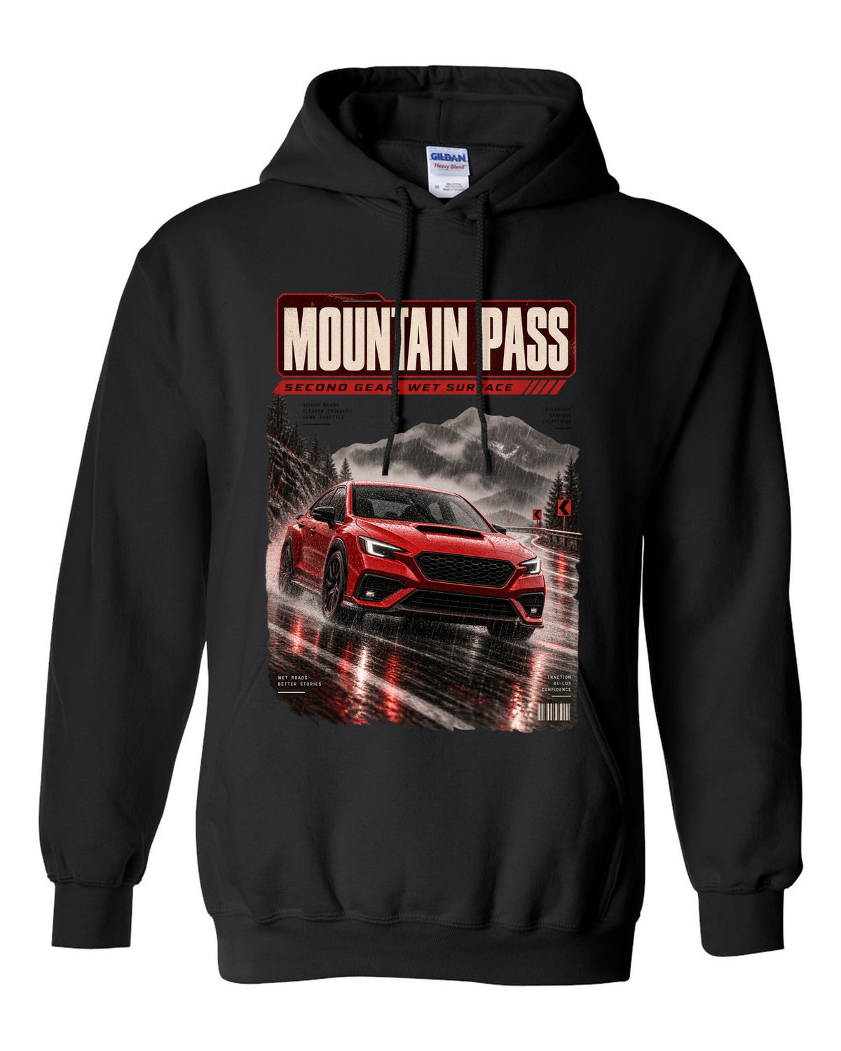 Red-orange monochrome Subaru WRX VB sedan on a wet mountain pass at night, poster-style print black pull over hoodie front view with the design