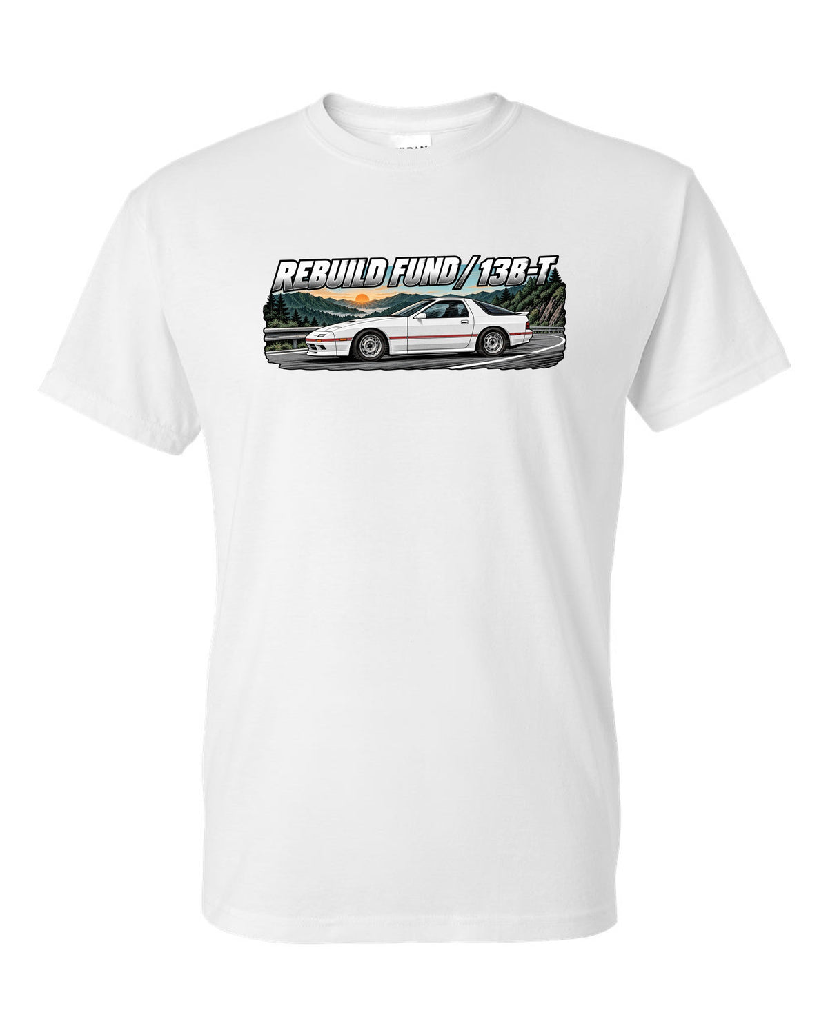 Retro manga ink and screentone illustration of a Mazda RX-7 FC3S white t-shirt front view with the design