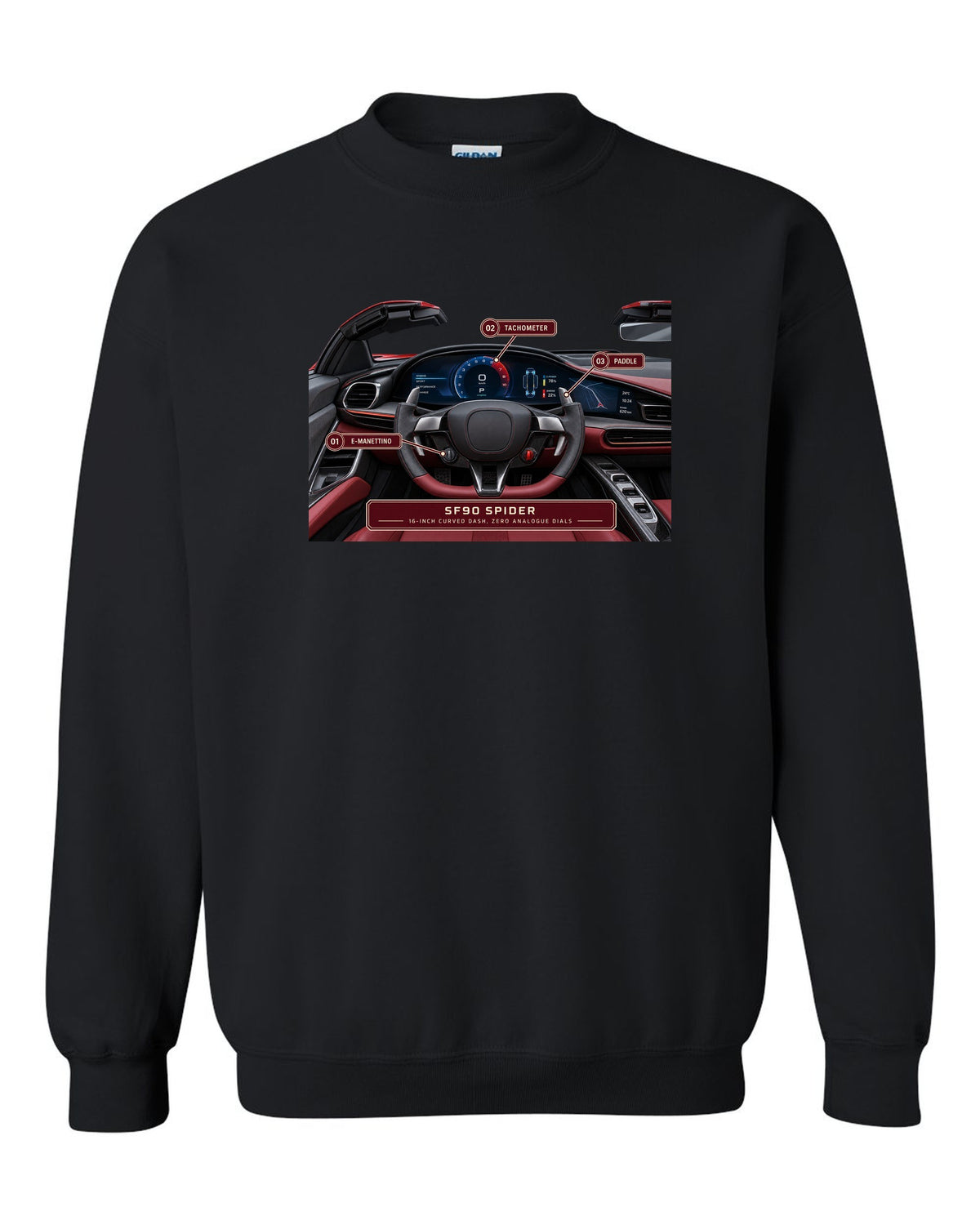 Ferrari SF90 Spider cockpit gauge print with 16-inch curved dash text black crewneck front view with the design