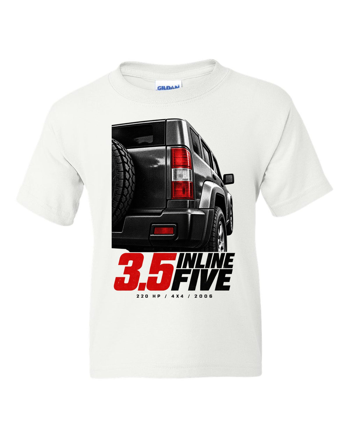 Macro print of a 2006-10 Hummer H3 taillight with engine lettering white kids tee front view with the design