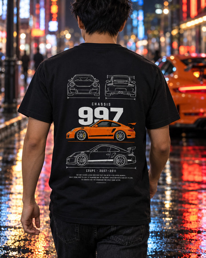 Porsche 997 GT3 RS Blueprint Full-Back Graphic Tee, 997 Chassis Code T-Shirt Black worn hero