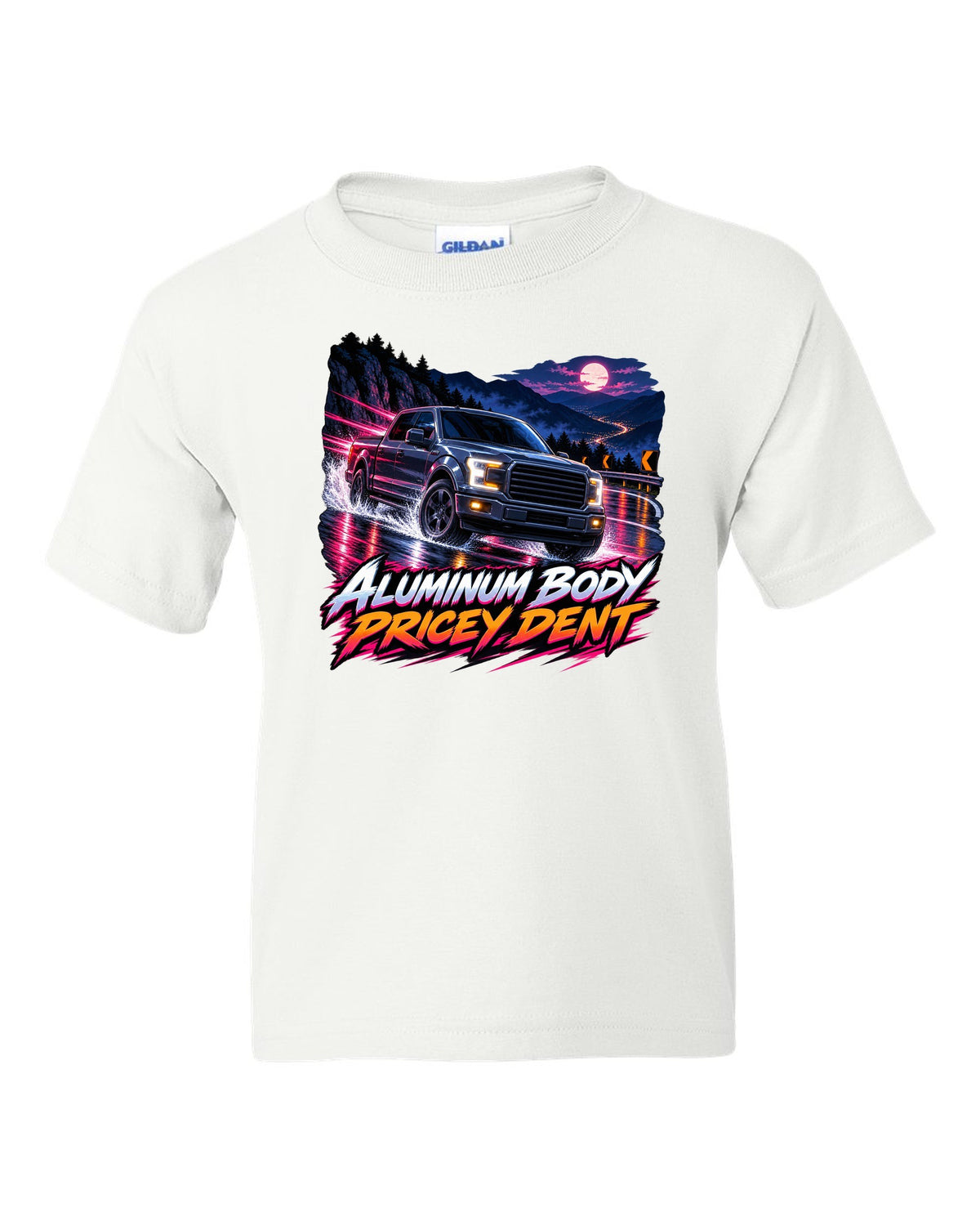 Cel-shaded anime night mountain pass print of a 2015-20 Ford F-150 P552 truck white kids tee front view with the design