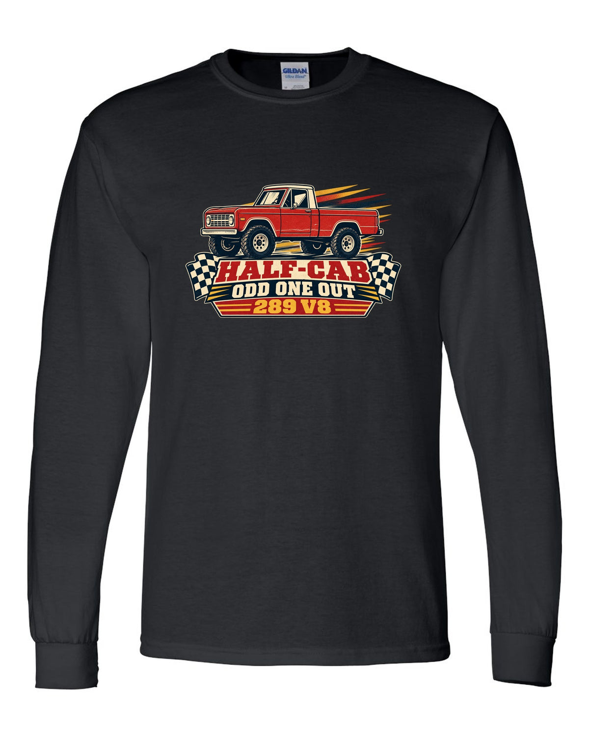 Vintage race poster art of a 1966-72 Ford Bronco U14 half-cab with HALF-CAB ODD ONE OUT lettering black long sleeve front view with the design