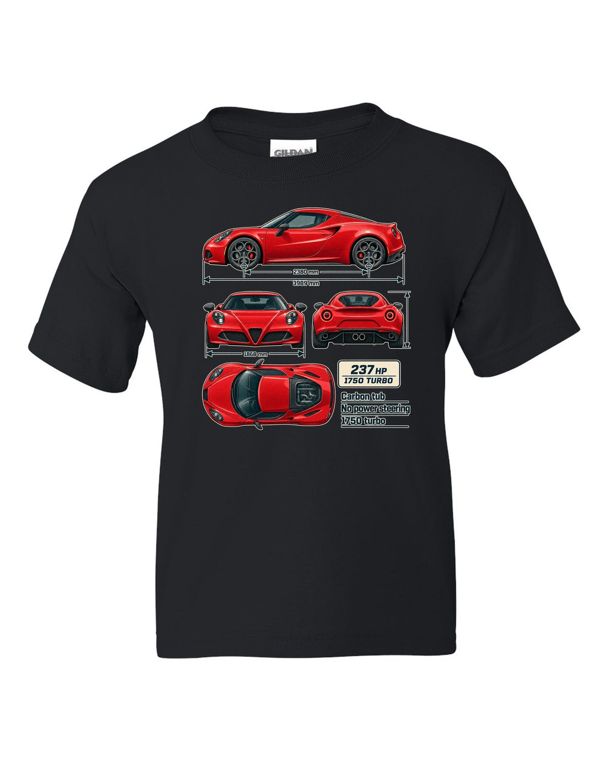 Dimension blueprint print of the Alfa Romeo 4C coupe with carbon tub and 1750 turbo callouts black kids tee front view with the design