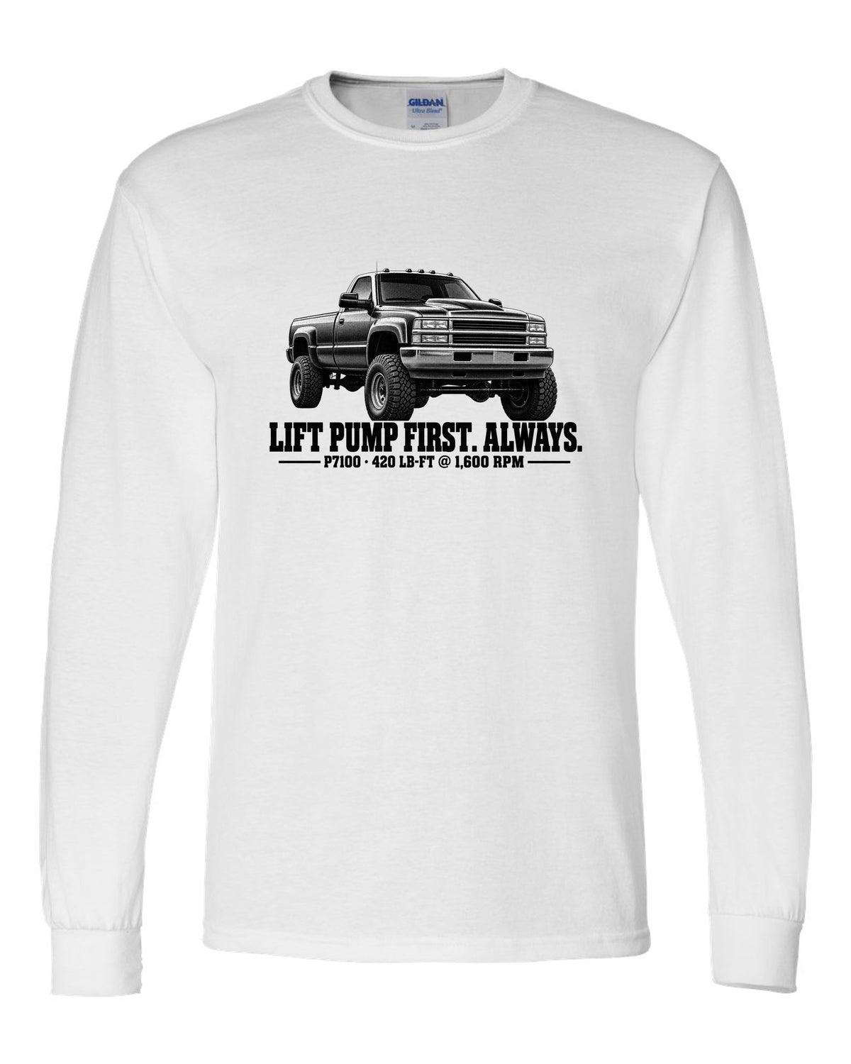 Halftone print of a 1994-98 Ram 2500 12V with lift pump advice and P7100 torque figures white long sleeve front view with the design