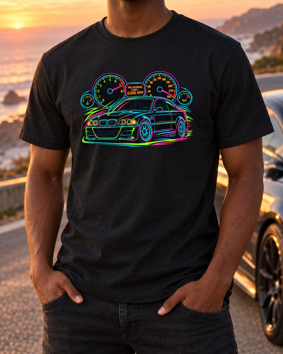 BMW E46 M3 Coupe Redline Gauge Neon Line Art Shirt T-Shirt Black worn hero
