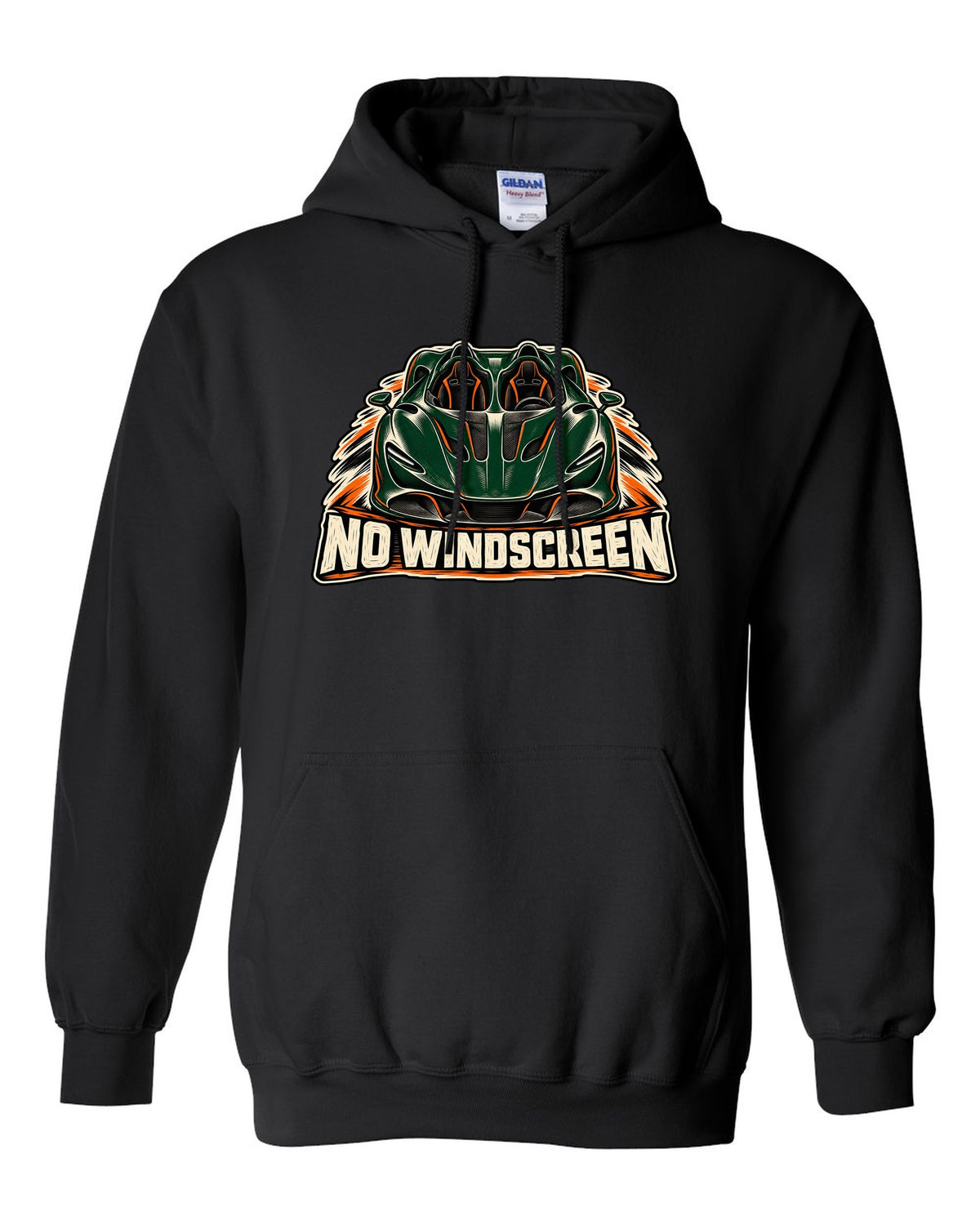 McLaren Elva linocut print with accent colour and NO WINDSCREEN lettering black pull over hoodie front view with the design