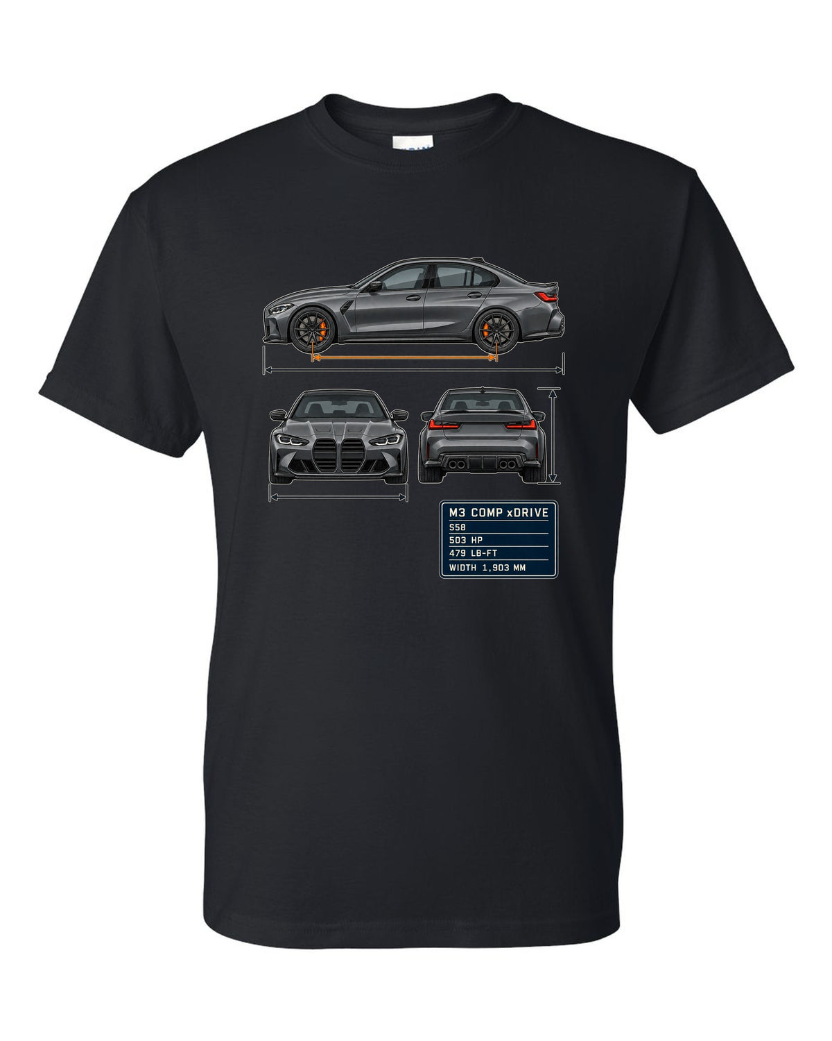 BMW M3 Competition xDrive G80 three-view drawing with spec table print black t-shirt front view with the design