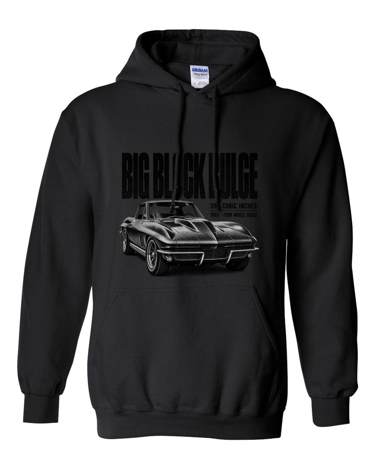 Chevrolet Corvette C2 Sting Ray 1965 big-block 396 hood bulge halftone print black pull over hoodie front view with the design