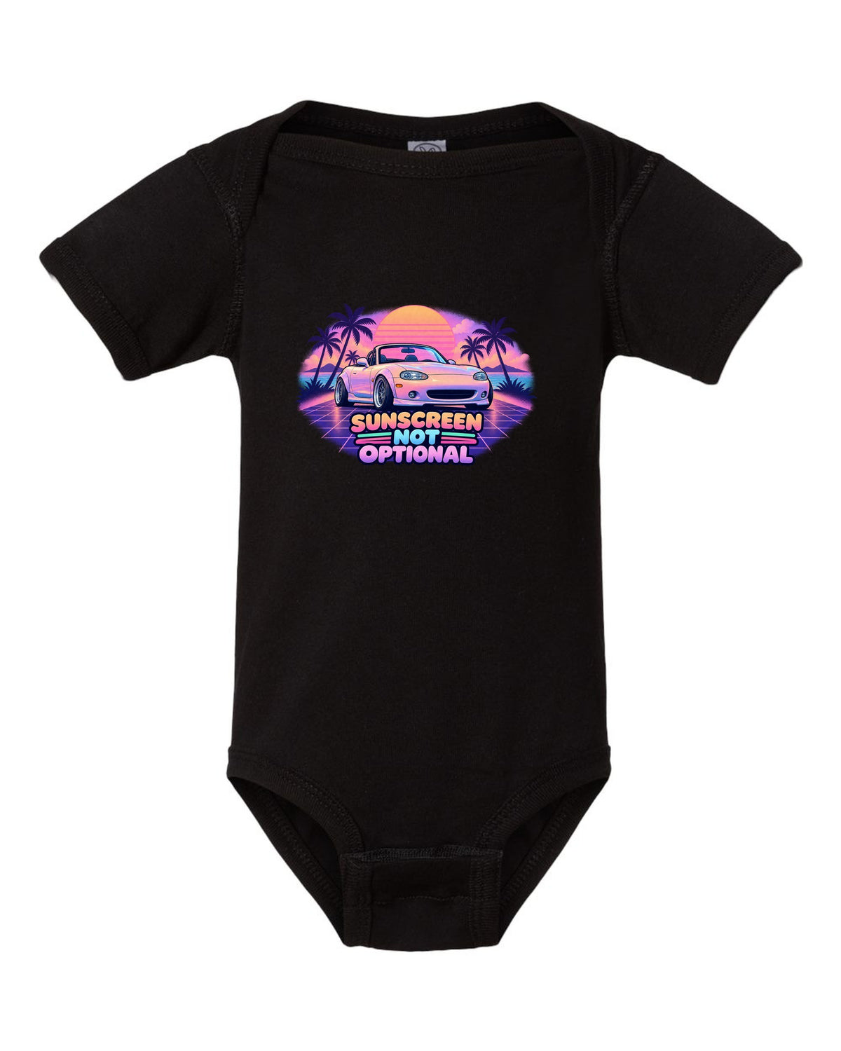 Vaporwave pastel print of a Mazda MX-5 NB Miata with the roof down and the text Sunscreen Not Optional black baby onesie front view with the design