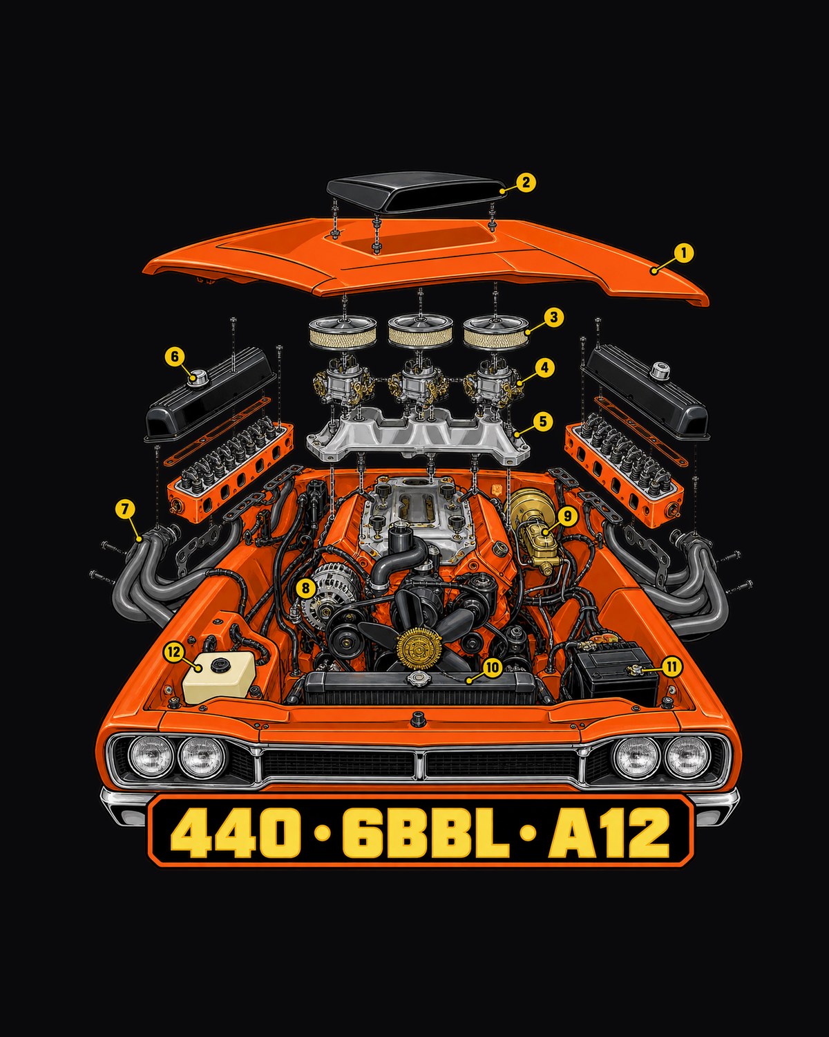 Isometric Six Pack Teardown Tee, 1969 Super Bee A12 440 design only