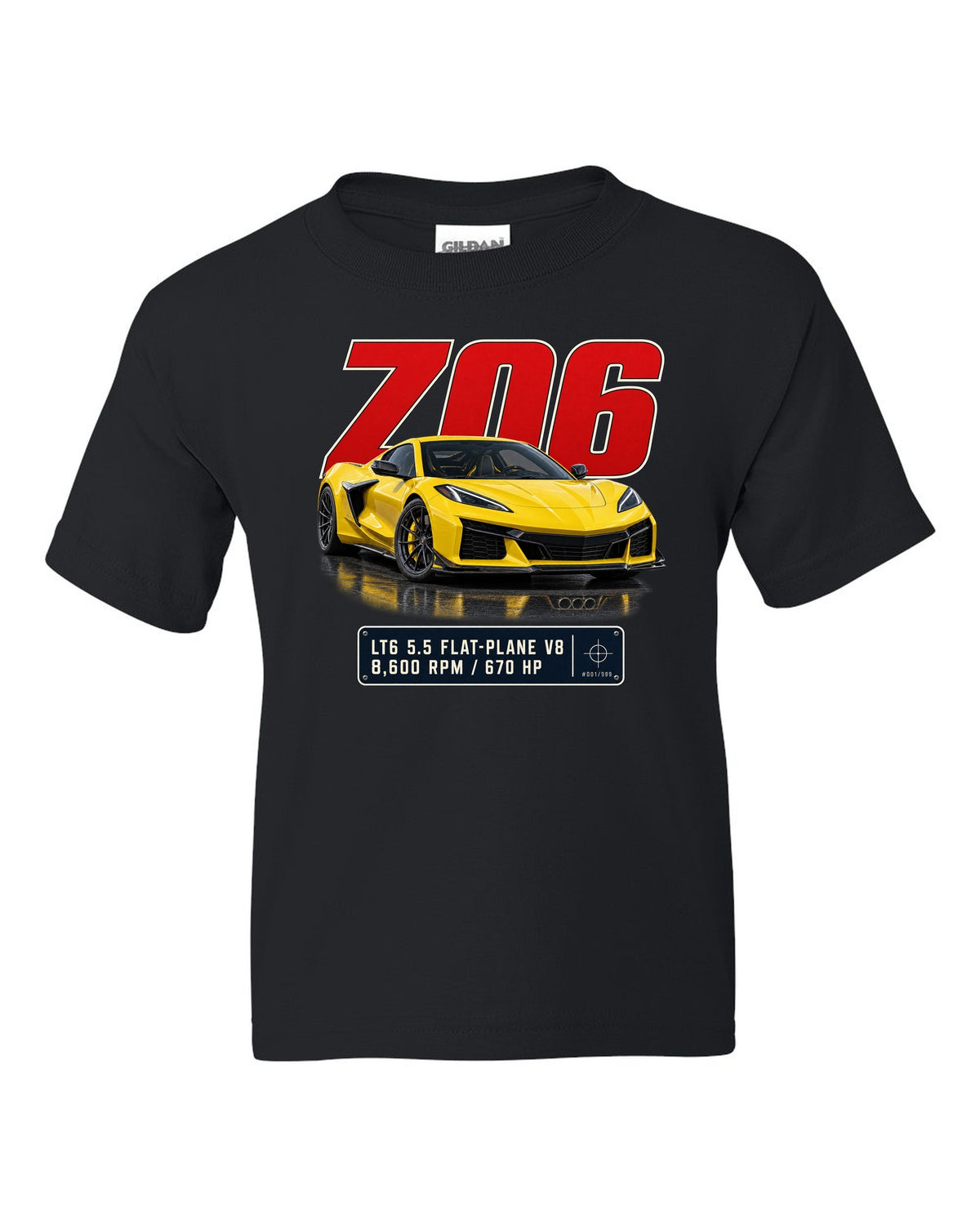 Editorial headline print of a yellow Chevrolet Corvette C8 Z06 black kids tee front view with the design