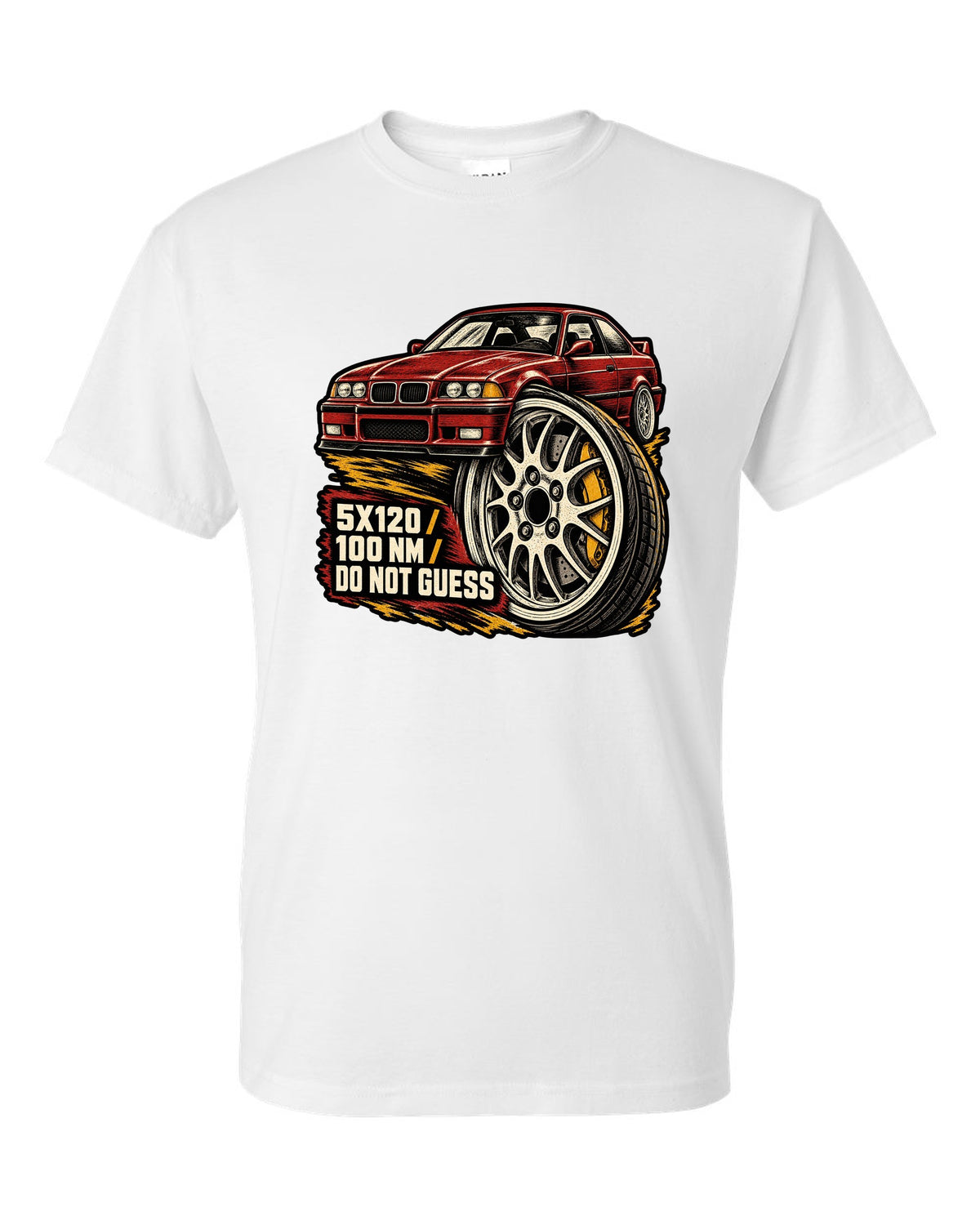 Linocut woodcut lug nut design for a BMW E36 M3 coupe with 5x120 and 100 Nm text white t-shirt front view with the design