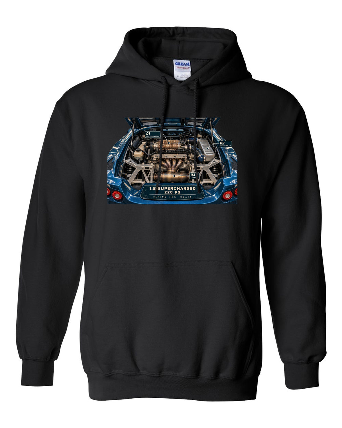 Lotus Exige S 2004 to 2011 supercharged four engine bay print with 1.8 supercharged 220 PS text black pull over hoodie front view with the design