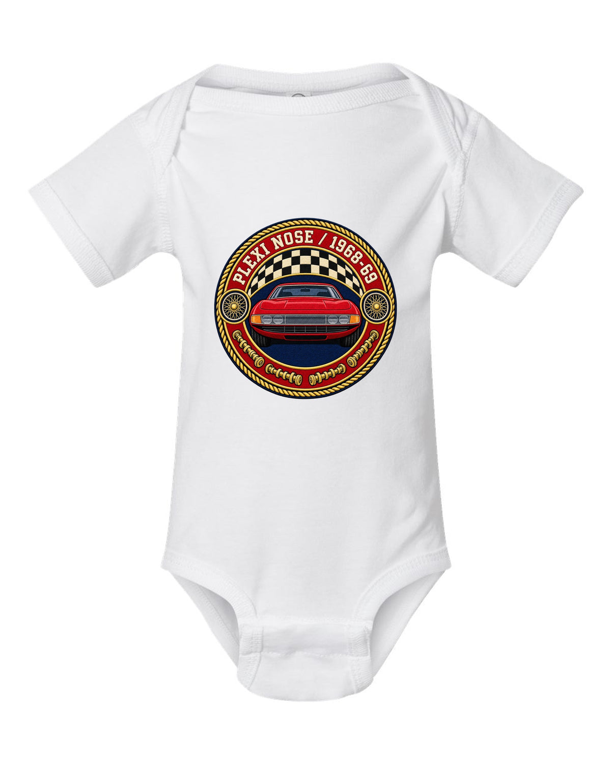 Round crest print for the Ferrari 365 GTB/4 Daytona with Plexi Nose and 1968-69 lettering white baby onesie front view with the design