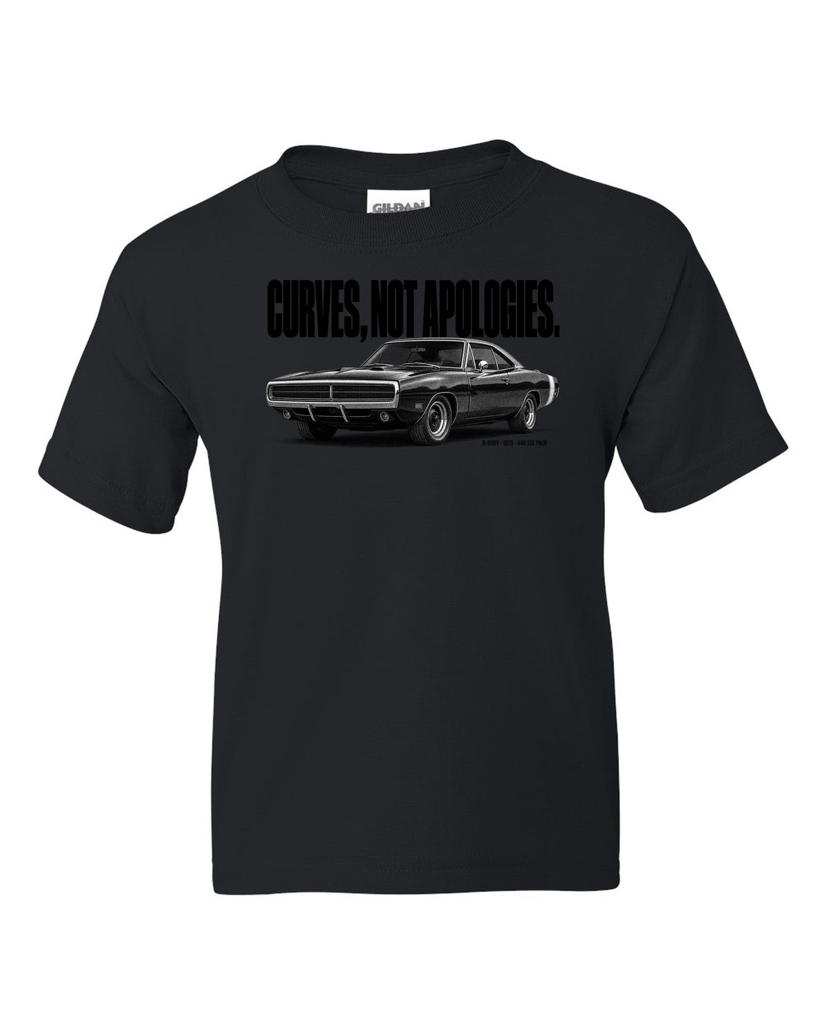 Halftone statement print of a 1970 Dodge Charger R/T with curves not apologies text black kids tee front view with the design