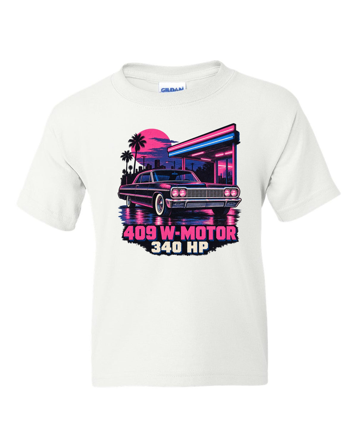 1964 Chevrolet Impala SS in pink and blue risograph neon rain with text 409 W-Motor 340 HP white kids tee front view with the design