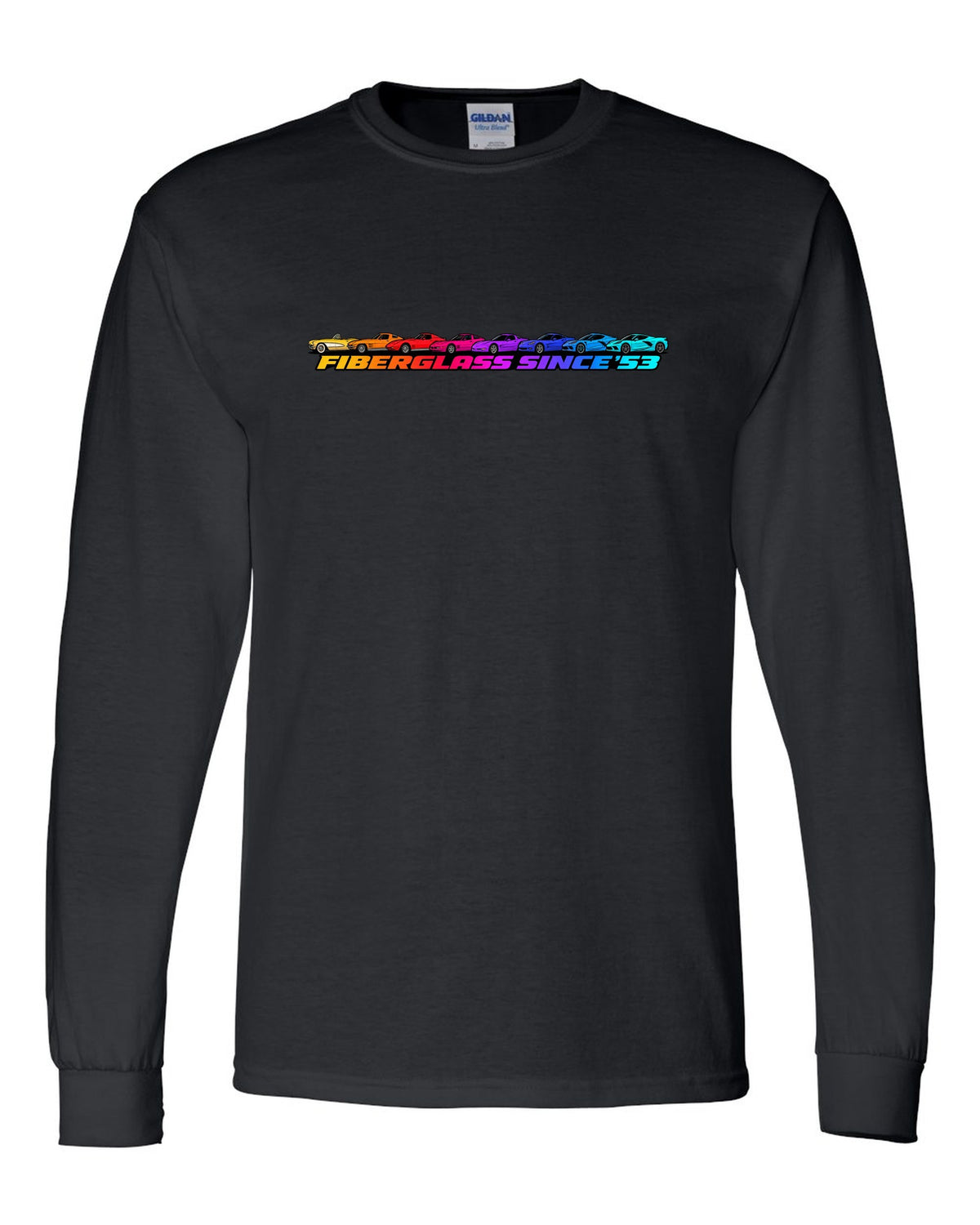 Flat gradient silhouette lineup of eight Chevrolet Corvette generations C1 to C8 with Fiberglass Since '53 text black long sleeve front view with the design