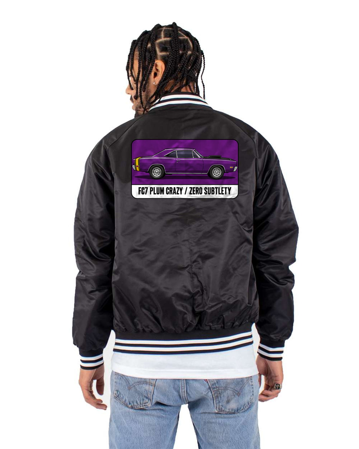 1969 Dodge Coronet Super Bee Plum Crazy Swatch Shirt Bomber Jacket Black back