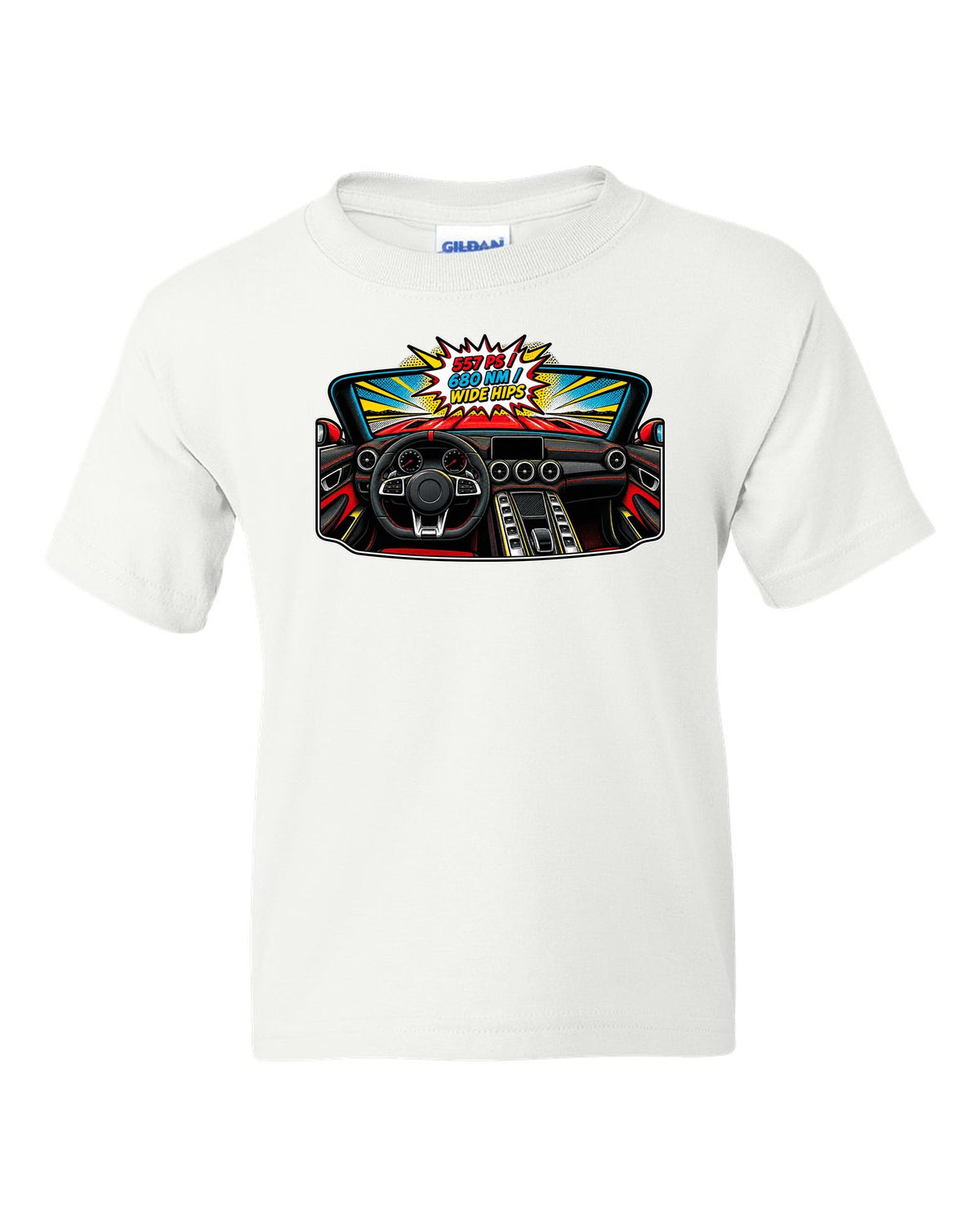 Isometric topographic route map of the Nordschleife with Flugplatz and Schwedenkreuz text for a Mercedes AMG GT C190 white kids tee front view with the design