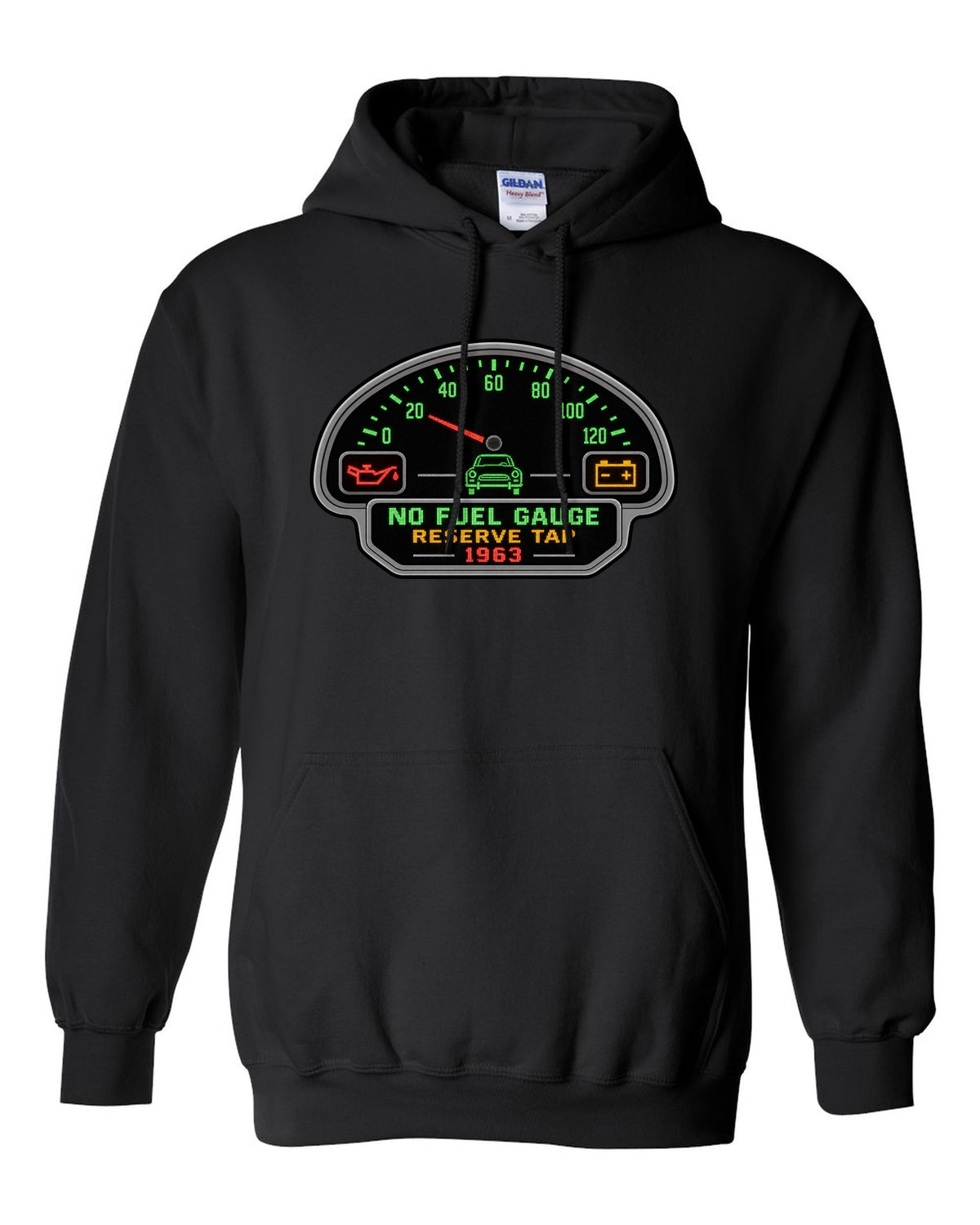 Pixel LED segmented display print of a 1963 VW Beetle Type 1 dashboard with fuel gauge joke black pull over hoodie front view with the design