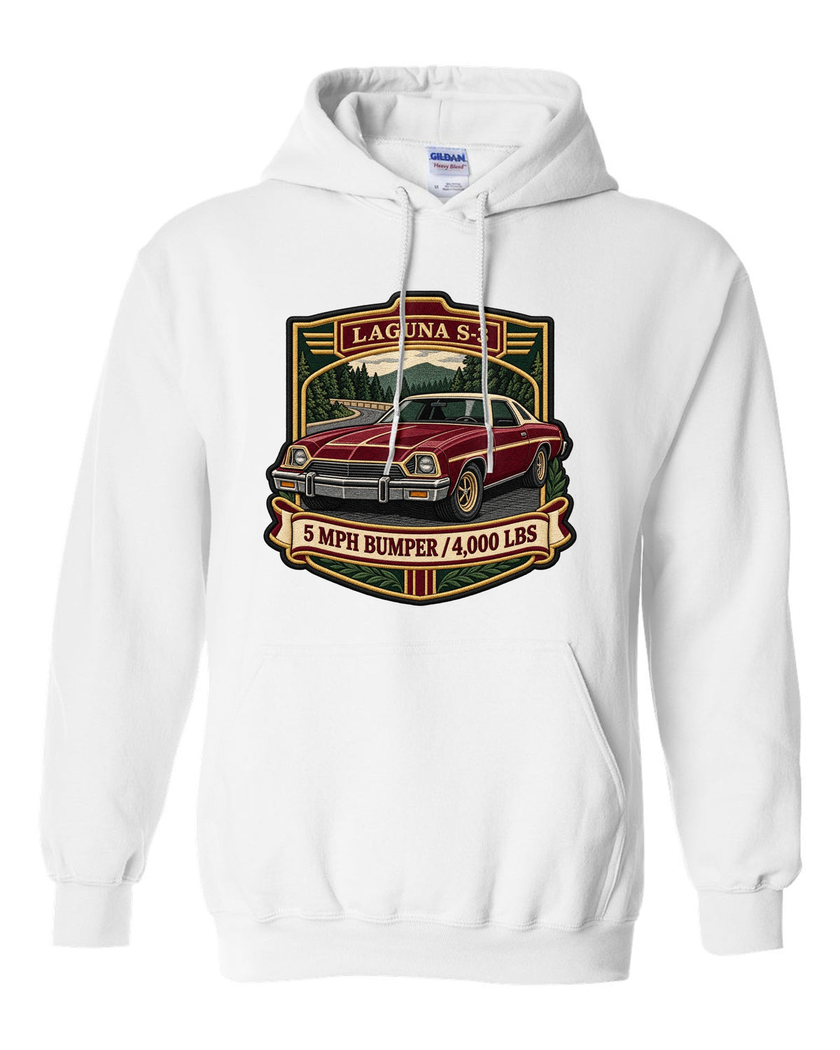 Embroidery patch style crest illustration of a 1973 Chevrolet Chevelle Laguna S-3 white pull over hoodie front view with the design